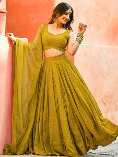 Glamorous Mustard Yellow Sequins Lehenga Choli With Net Dupatta - Ethnic Plus In