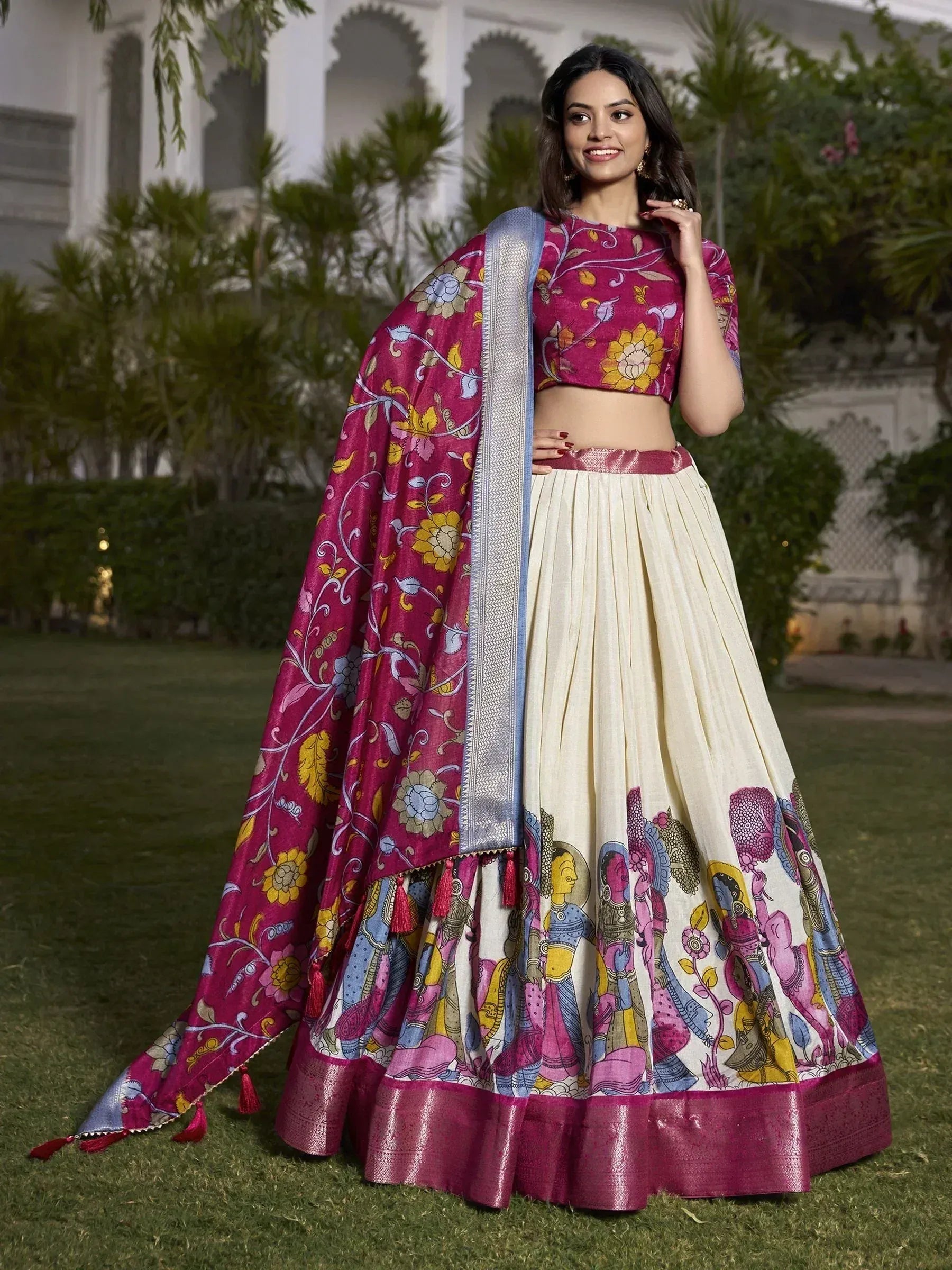 Women's ethnic lehenga choli with floral and folk art print, perfect for Indian weddings and festivals