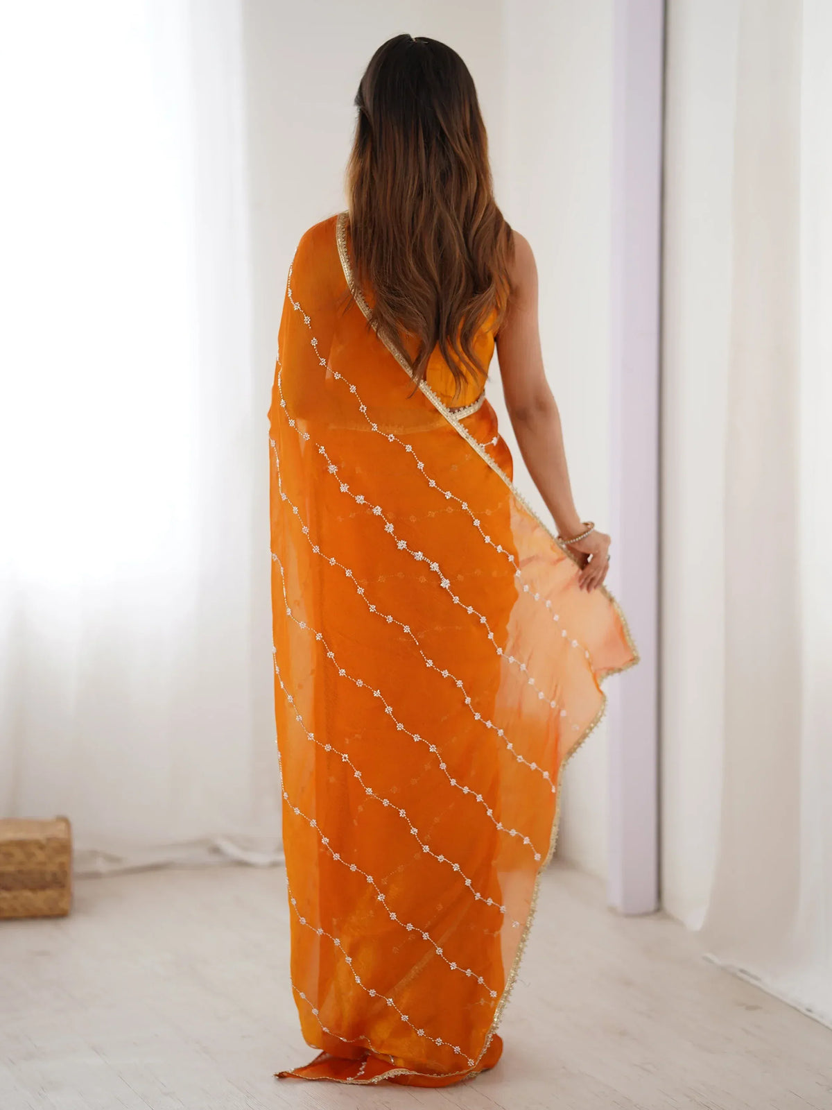 Orange embroidered saree with gold border, Indian ethnic wear for women