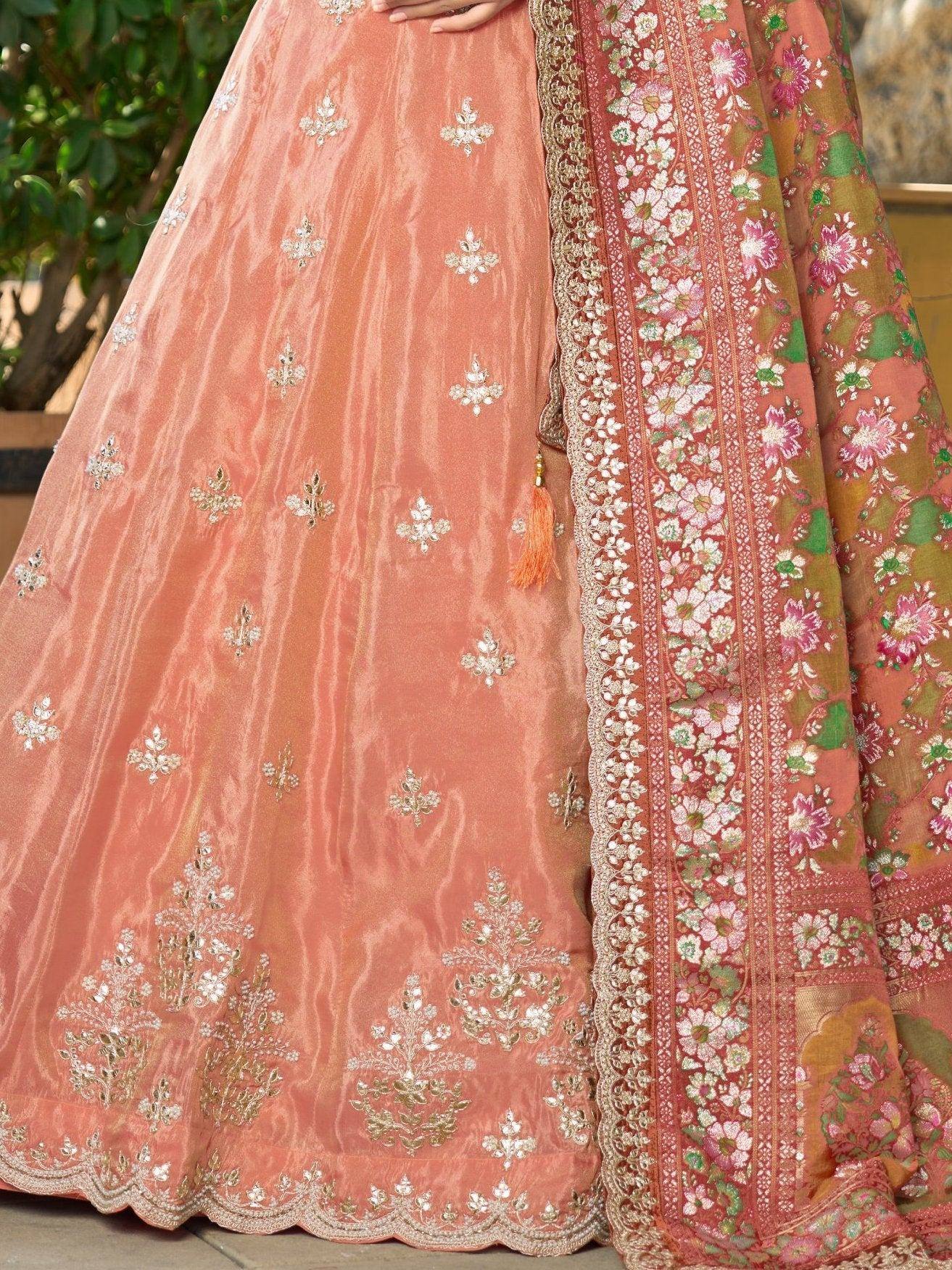 Peach velvet lehenga with floral embroidery and matching dupatta, Indian ethnic wear