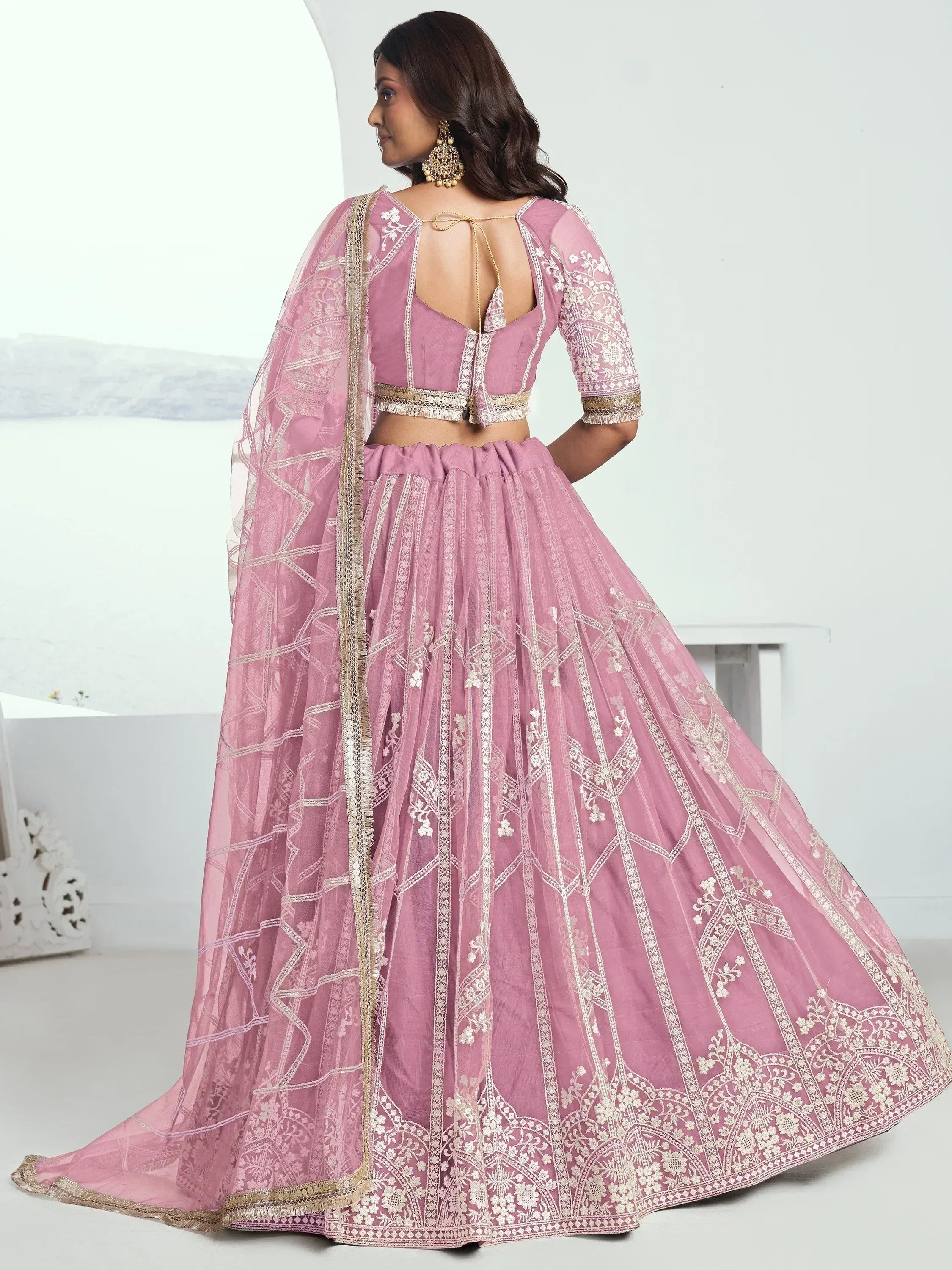 Pink embroidered lehenga choli with backless blouse and dupatta, Indian ethnic wear