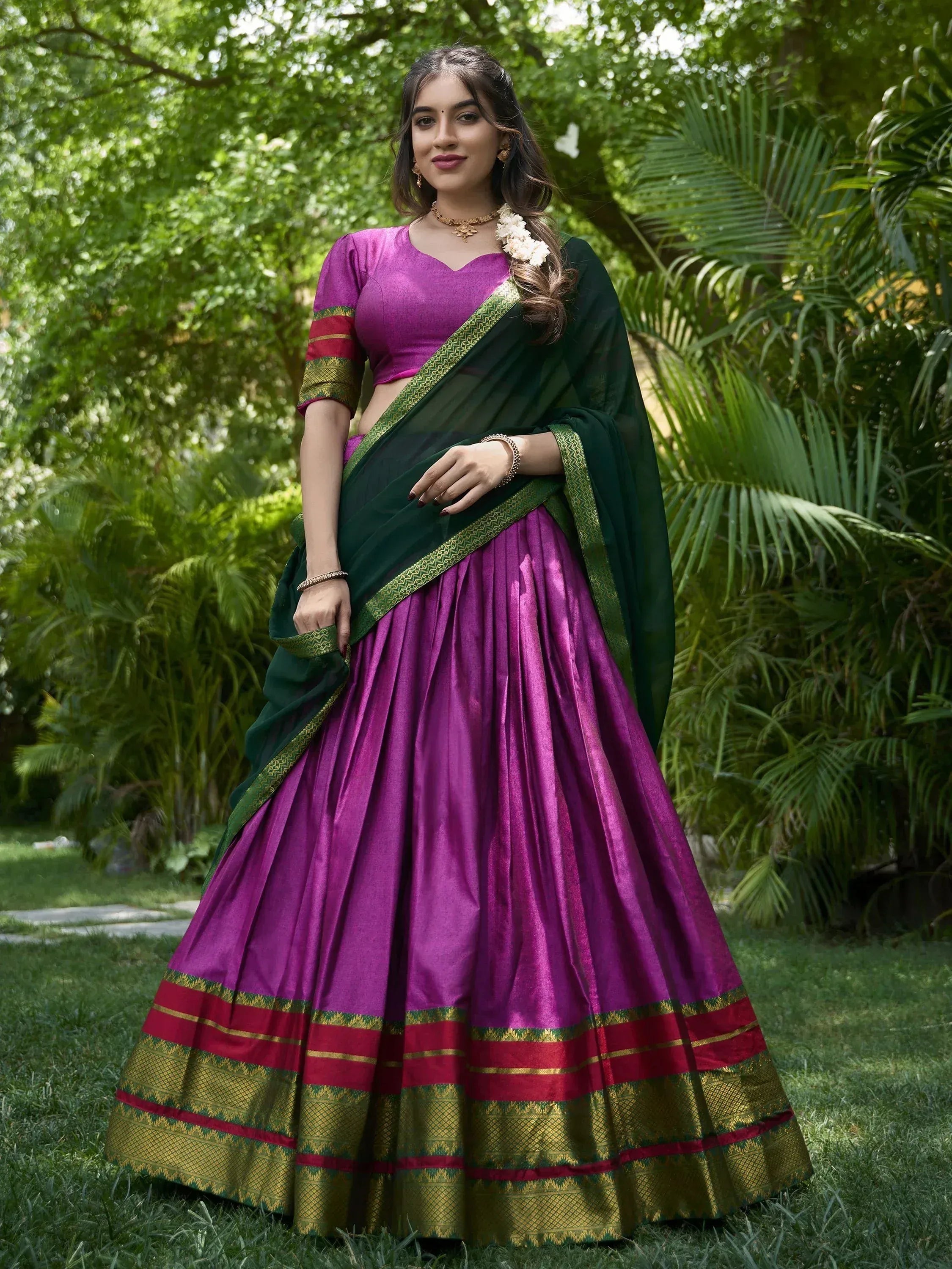 Purple and green designer lehenga choli with gold border, perfect for Indian ethnic wear occasions