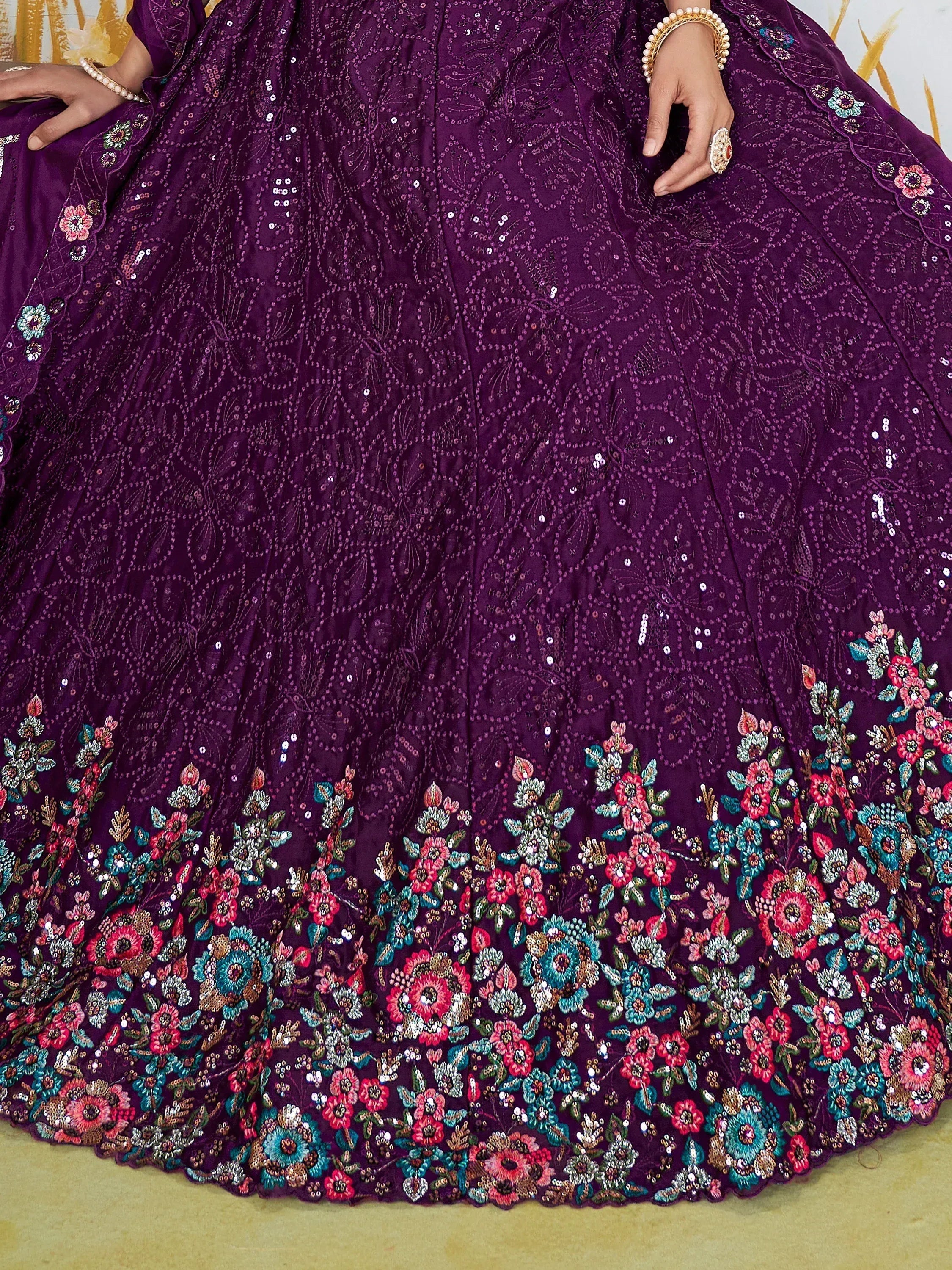 Purple designer lehenga with floral embroidery and sequins, ethnic Indian wear