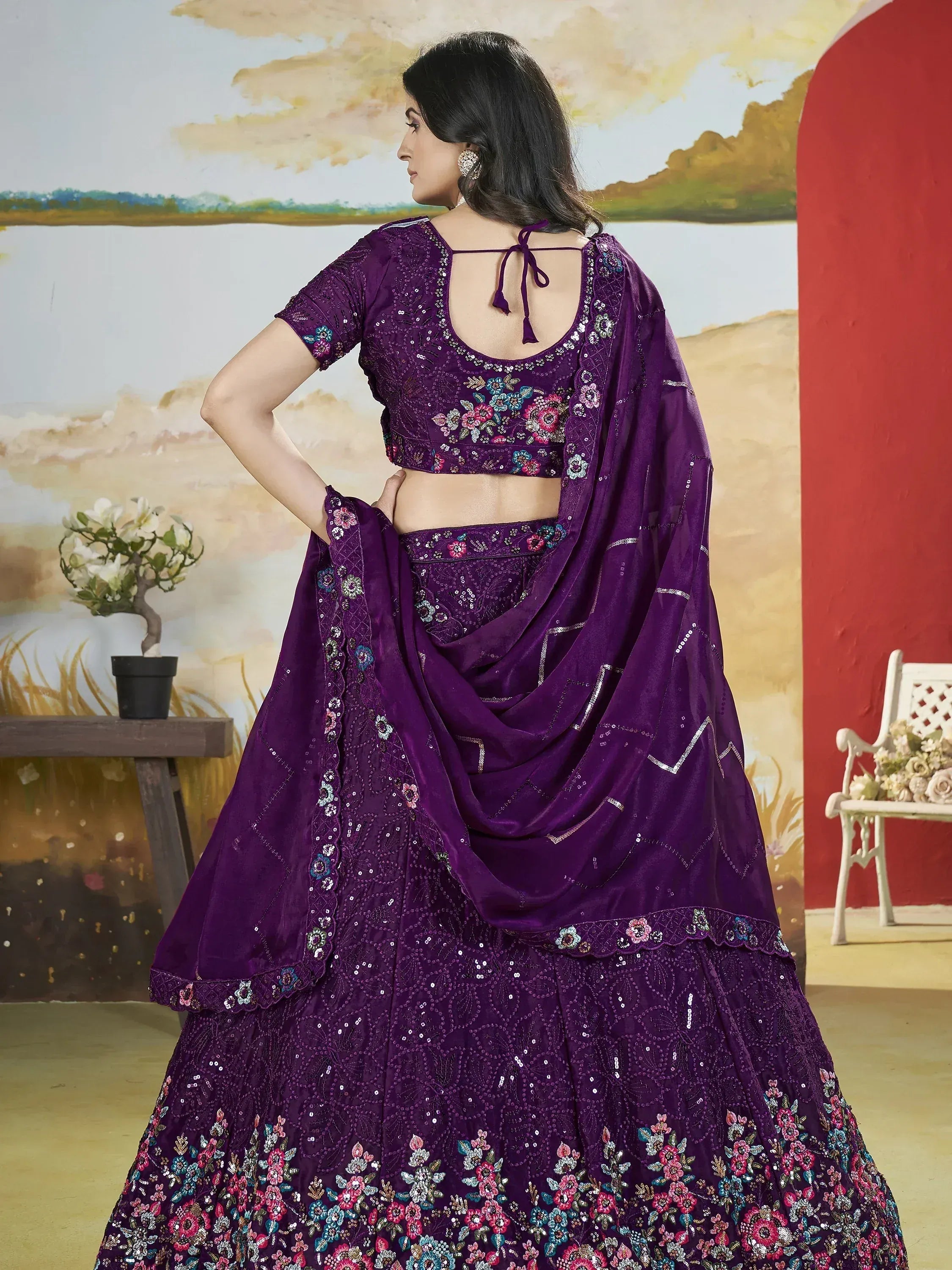 Purple embroidered lehenga choli with floral sequin work, perfect for Indian ethnic occasions