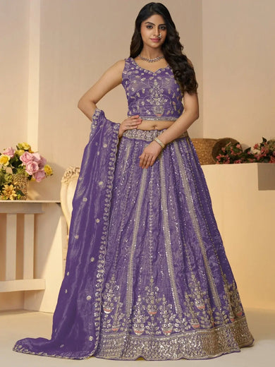 Glamorous Purple Zari Work Silk Reception Wear Lehenga Choli - Ethnic Plus In