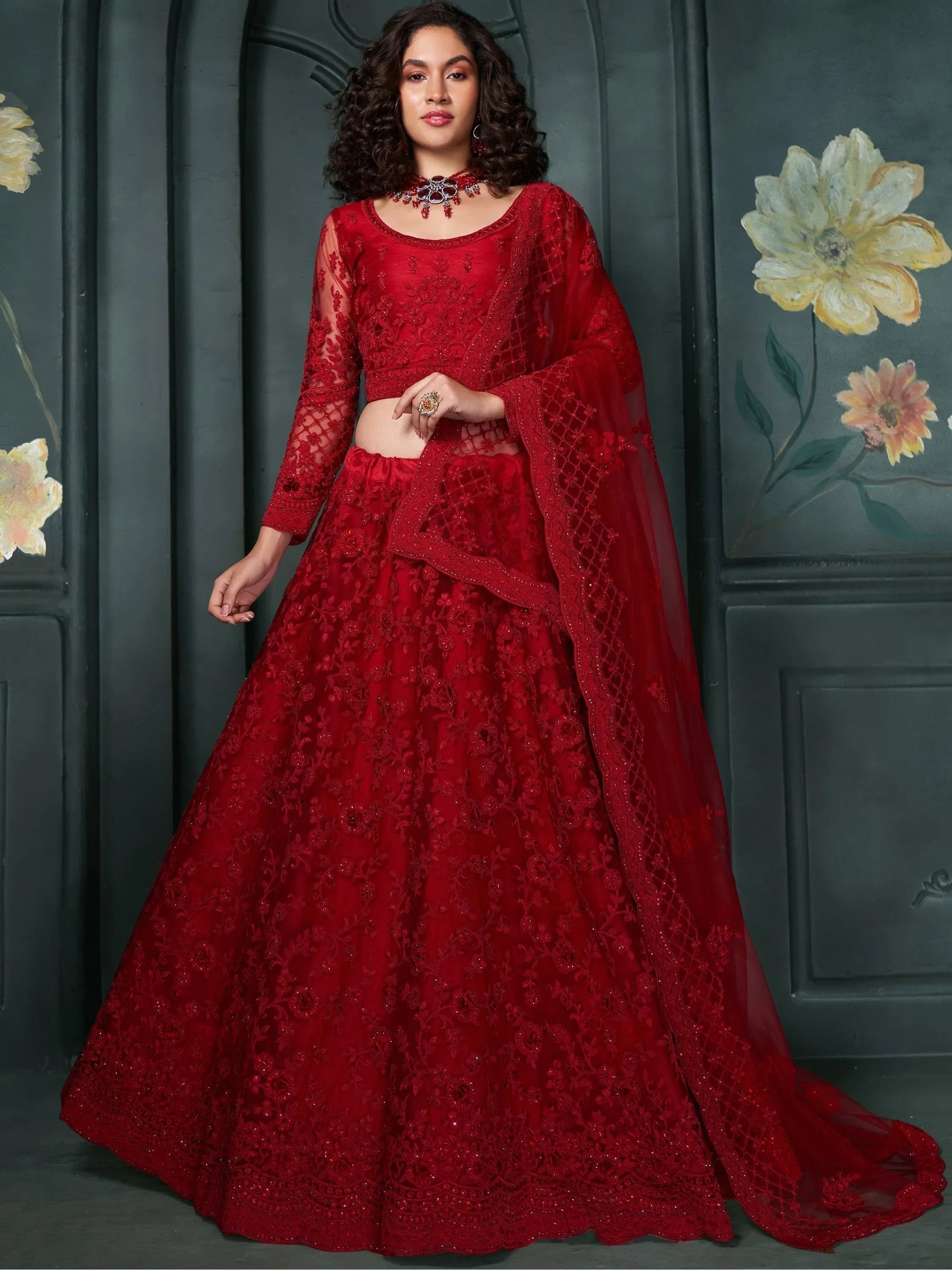 Red embroidered lehenga choli with sheer dupatta, Indian ethnic wear for weddings and festivals