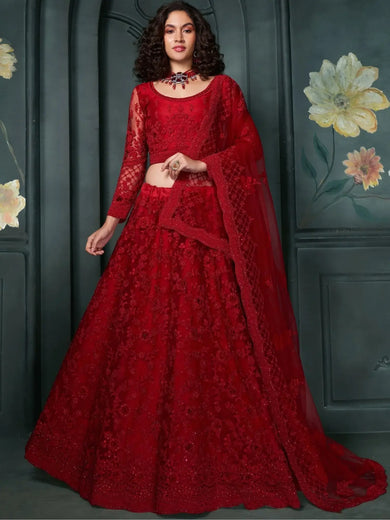 Glamorous Red Embroidered Net Bridesmaid Lehenga Choli With Dupatta - Ethnic Plus In