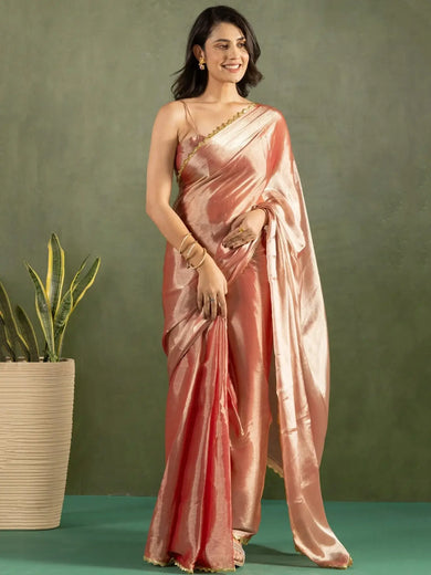 Glamorous Rose Gold Chiffon Party Wear Ready To Wear Saree - Ethnic Plus In