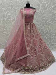 Glamorous Rose Pink Net Zari Embroidered Bridesmaids Lehenga Choli - Ethnic Plus In