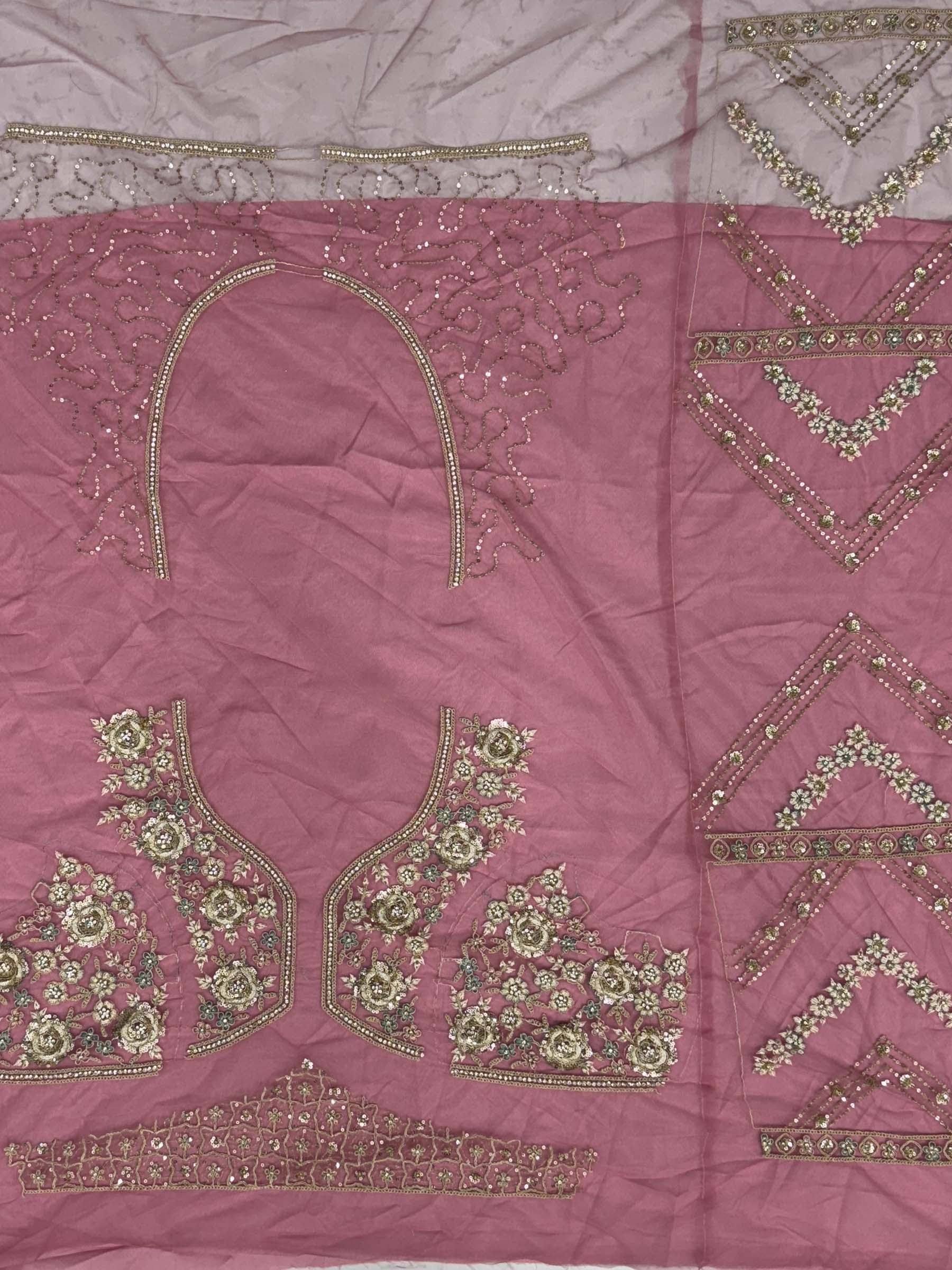 Pink designer lehenga choli with gold floral embroidery and sequin detailing, ethnic wear