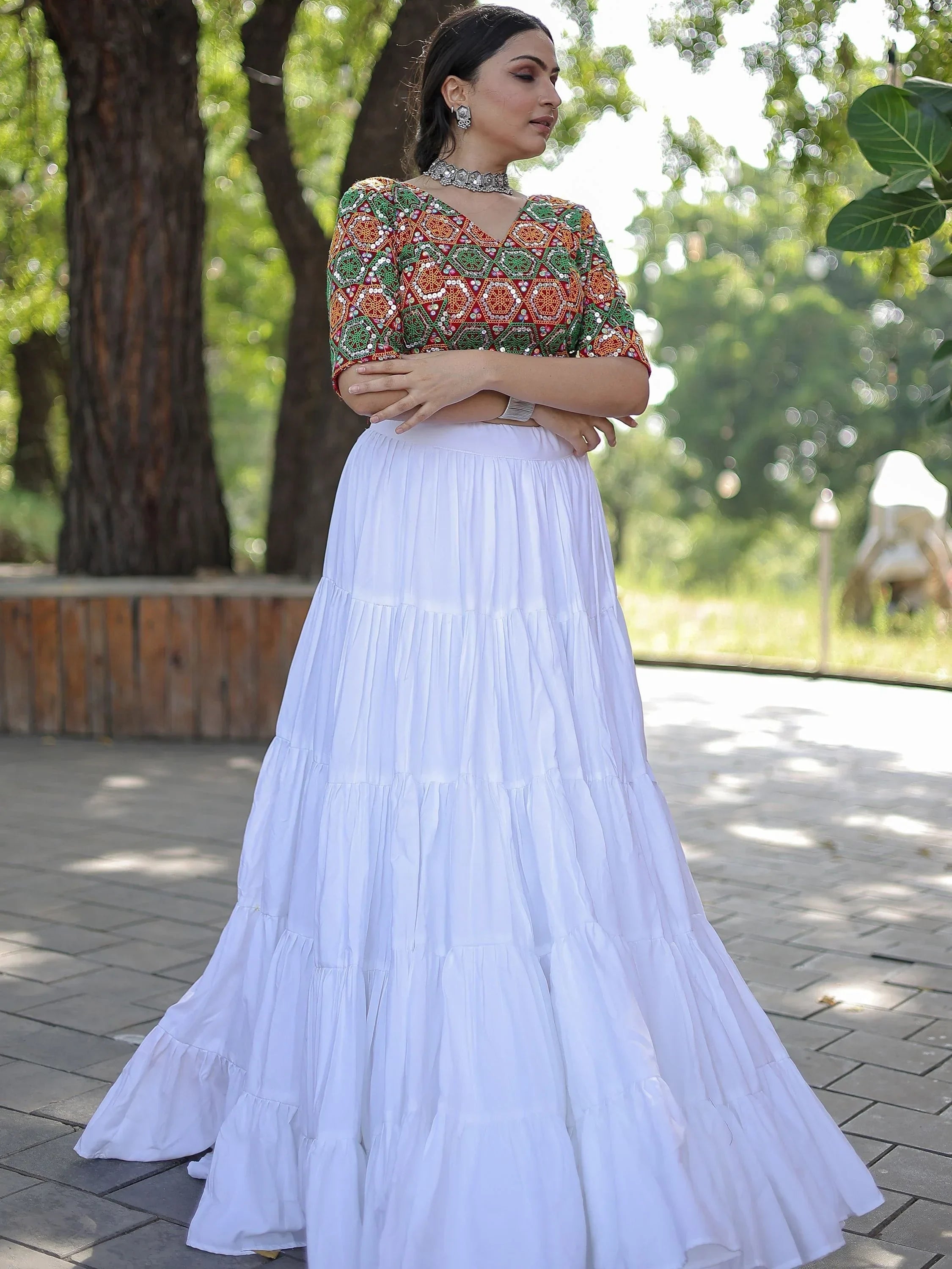 Glamorous White Embroidered Rayon Navratri Lehenga Choli - Ethnic Plus In