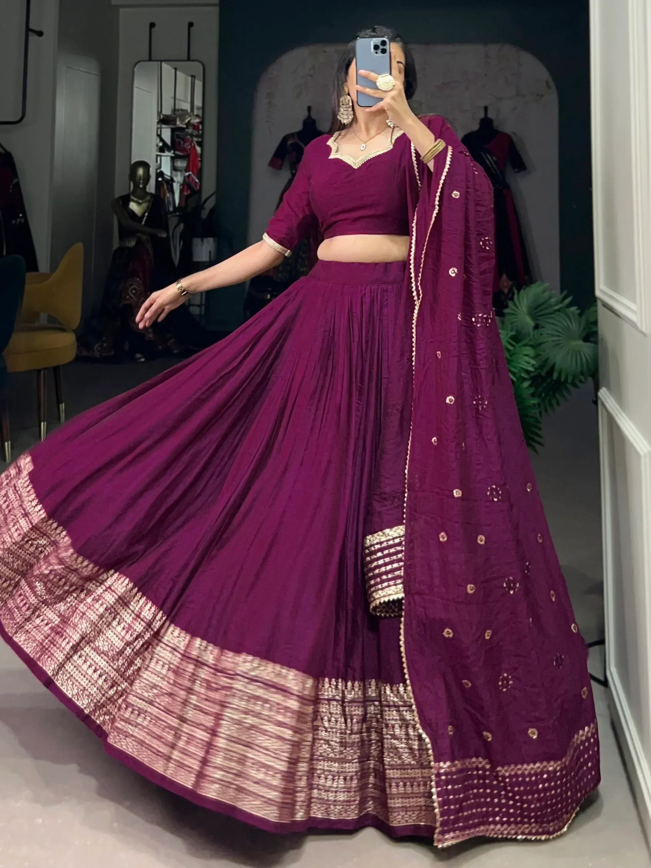 Purple designer lehenga choli with gold embroidery, perfect for Indian ethnic wear and festive occasions