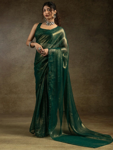Glamorous Green Chiffon Designer Pre-Stitched Saree With Blouse