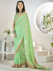 Glamorous Light Green Digital Printed Linen Traditional Saree With Blouse