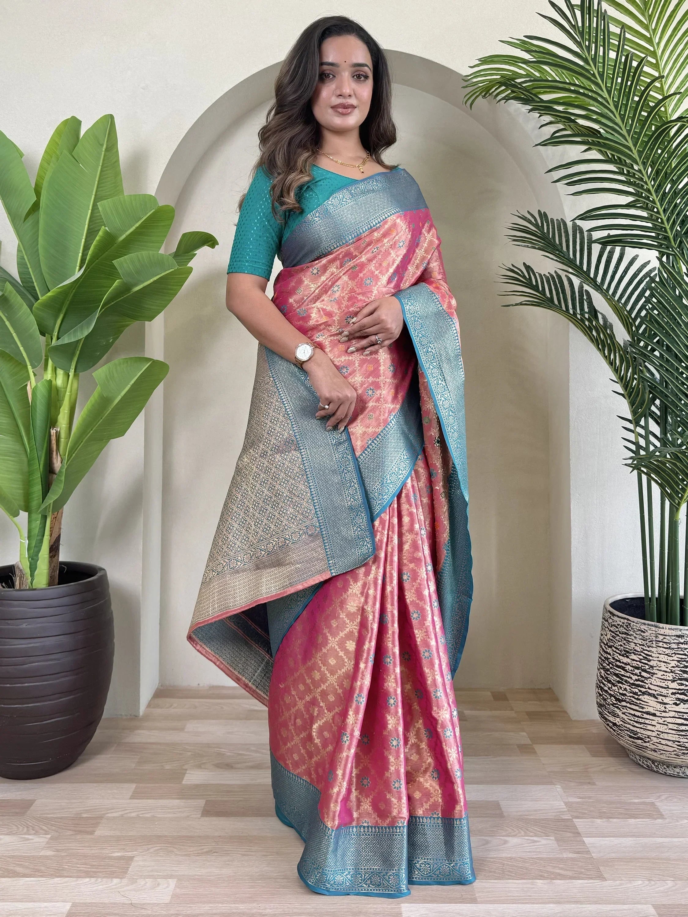 Glamorous Pink Zari Weaving Tissue Silk Traditional Saree With Blouse