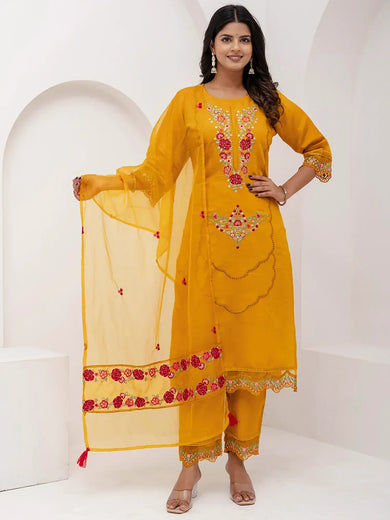 Glamorous Yellow Floral Embroidery Viscose Festival Wear Pant Suit