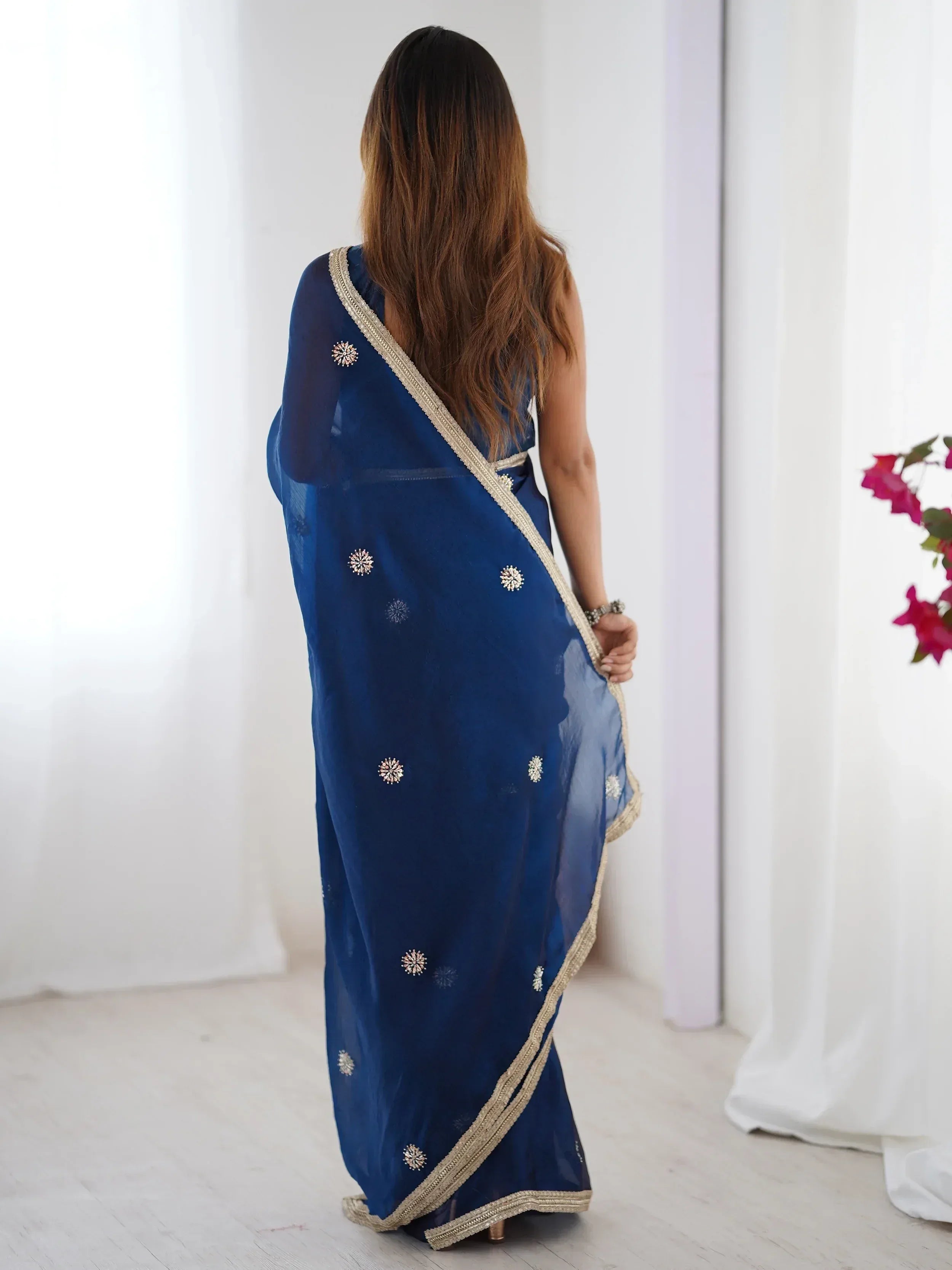 Blue embroidered saree with gold border, Indian ethnic wear for women