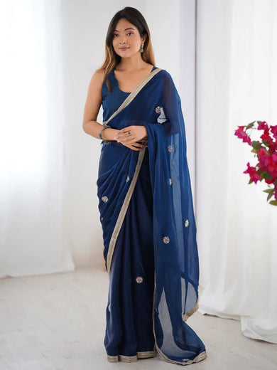 Glamourous Blue Beads Work Party Wear Saree With Blouse - Ethnic Plus In