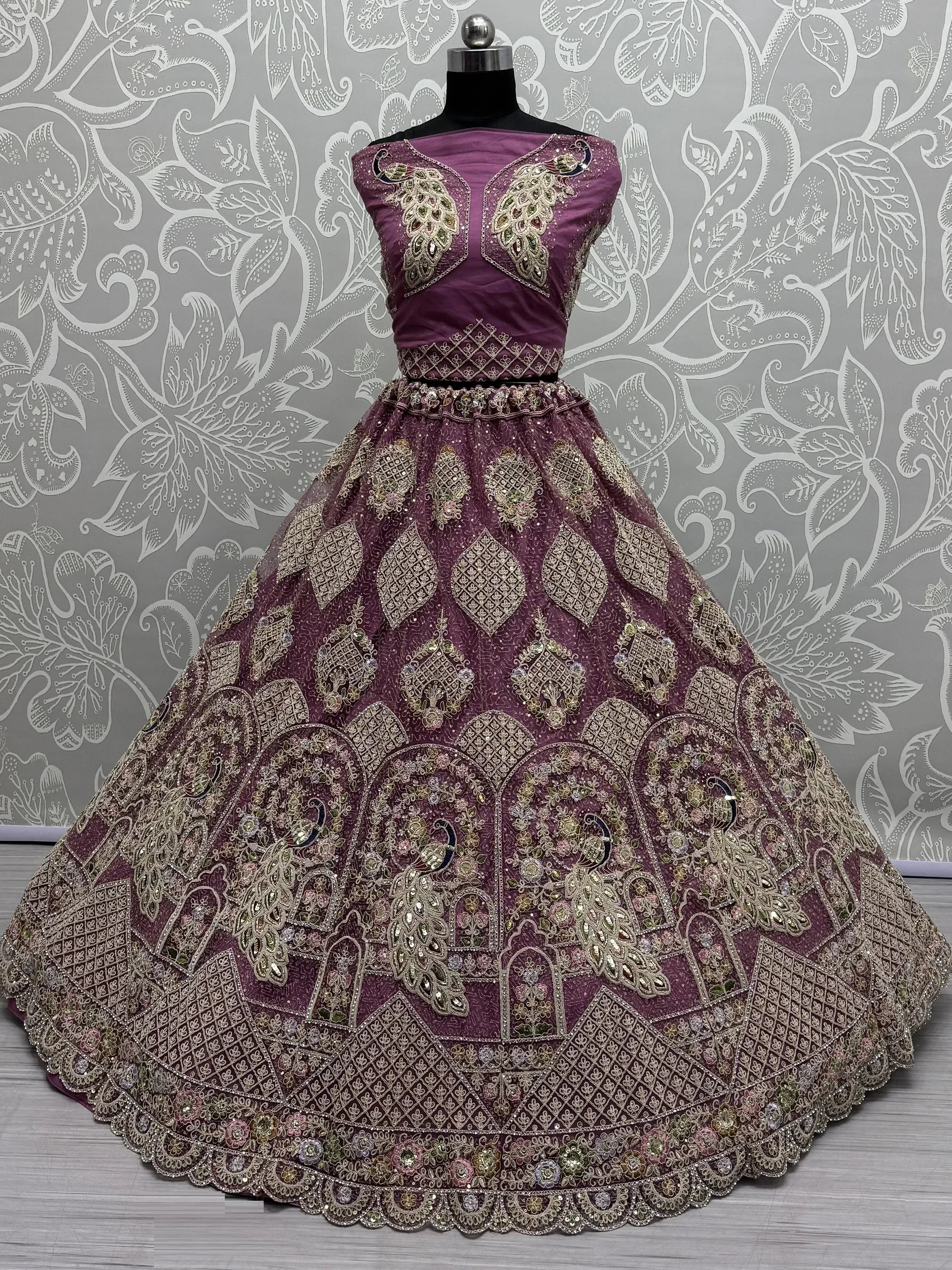 Purple designer lehenga choli with peacock embroidery and gold work, ethnic Indian wear