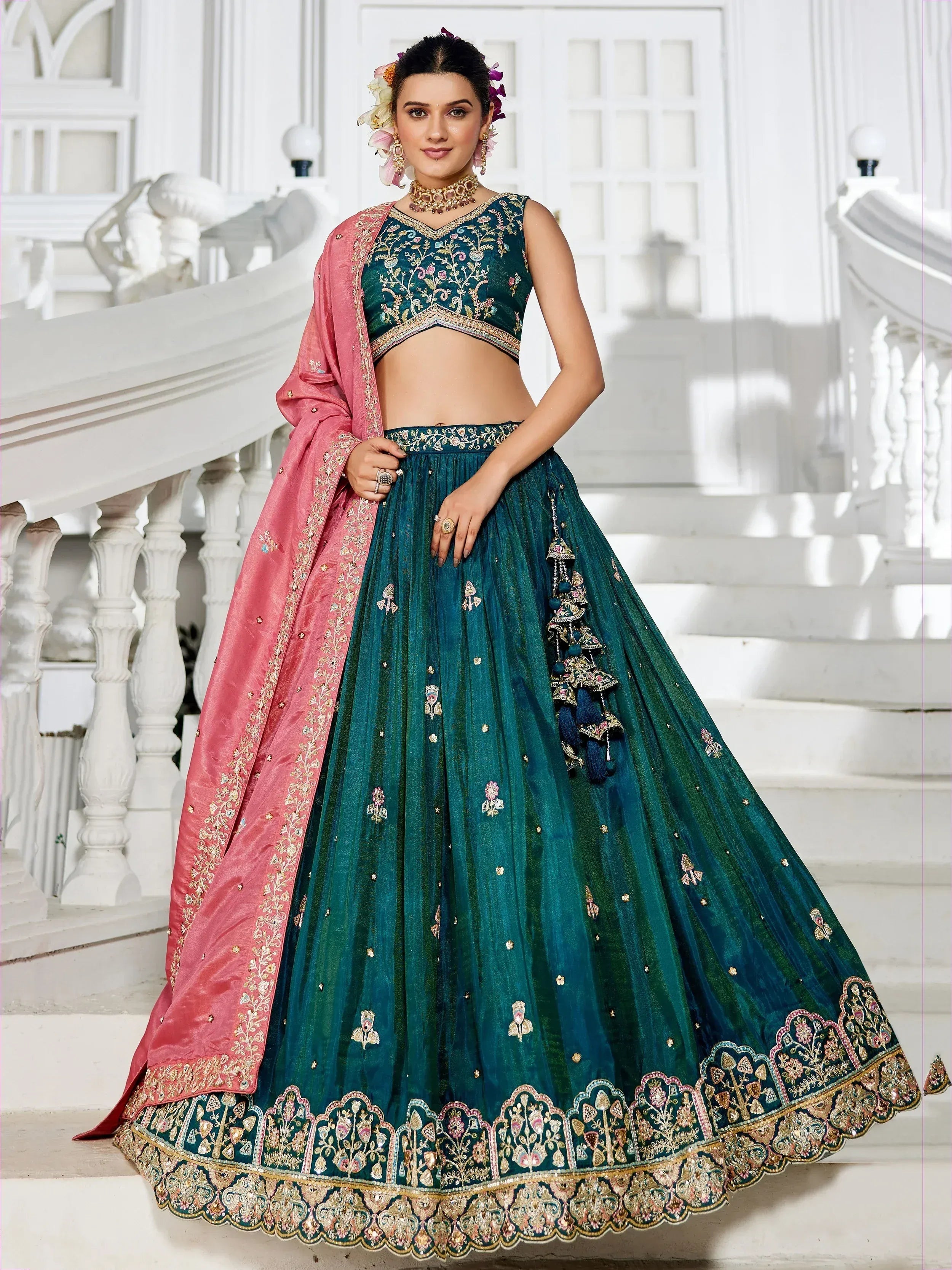Teal embroidered lehenga choli with pink dupatta, Indian ethnic wear for weddings and festivals