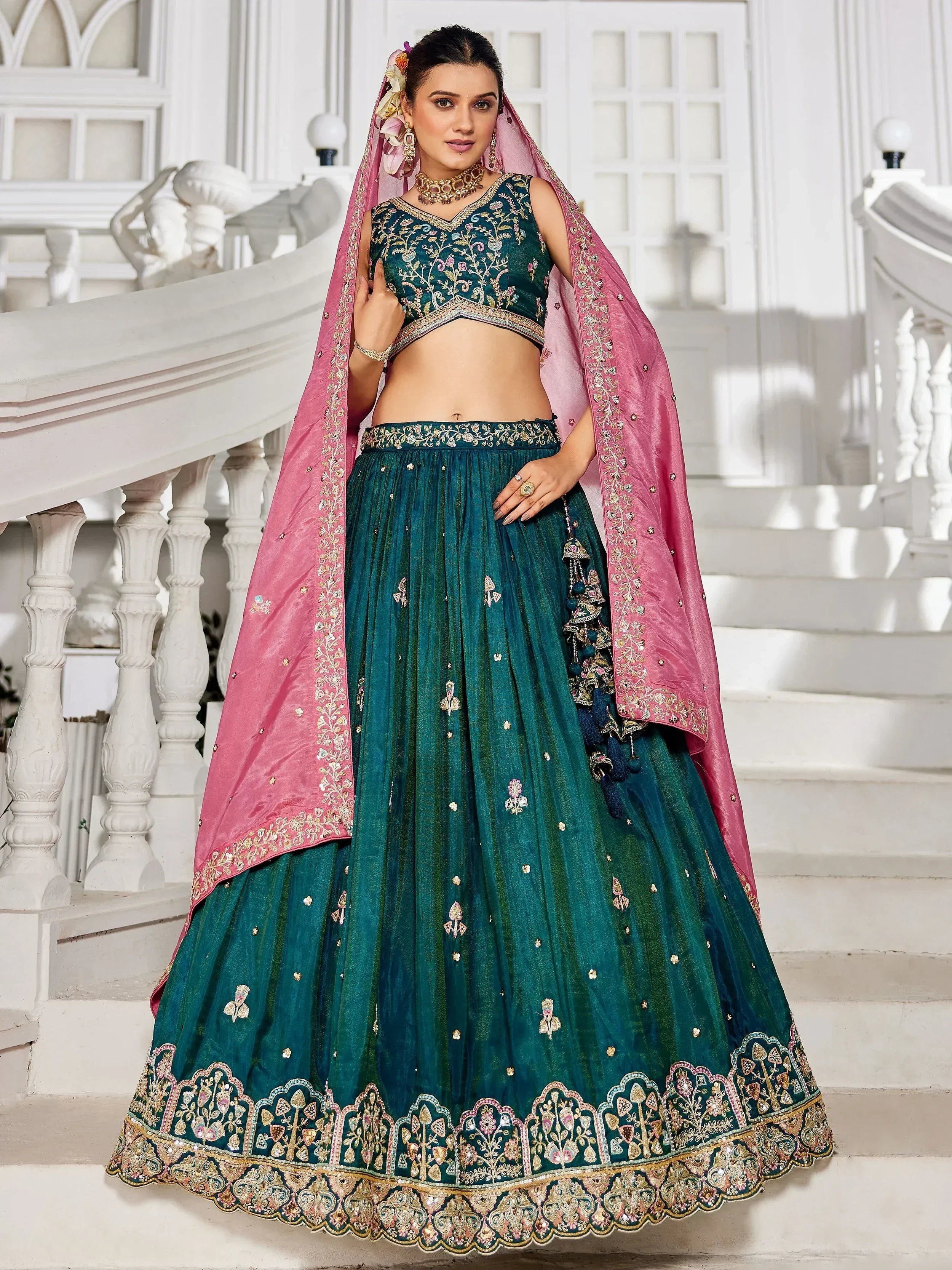 Teal embroidered lehenga choli with pink dupatta, Indian ethnic wear for weddings and parties