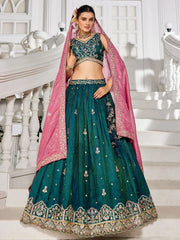 Glamourous Teal Green Tissue Reception Wear Lehenga Choli With Dupatta - Ethnic Plus In