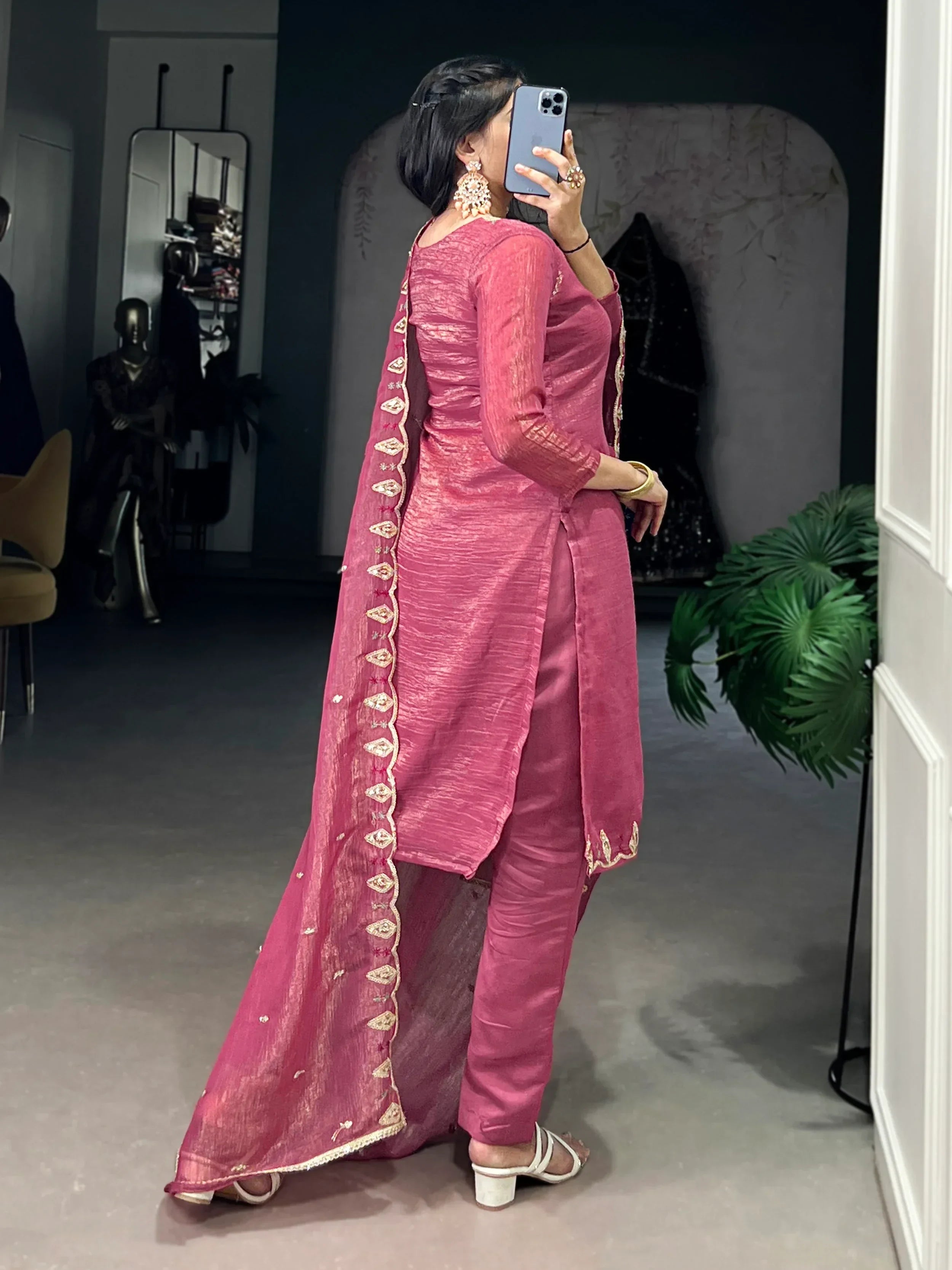Gleaming Pink Organza Thread Embroidered Festival Wear Straight Suit - Ethnic Plus In
