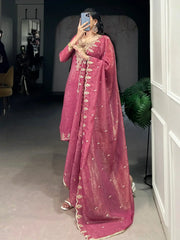 Gleaming Pink Organza Thread Embroidered Festival Wear Straight Suit - Ethnic Plus In