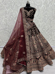 Glorious Dark Maroon Velvet Bridal Lehenga Choli With Double Dupatta - Ethnic Plus In