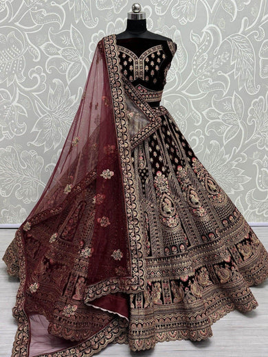Glorious Dark Maroon Velvet Bridal Lehenga Choli With Double Dupatta - Ethnic Plus In