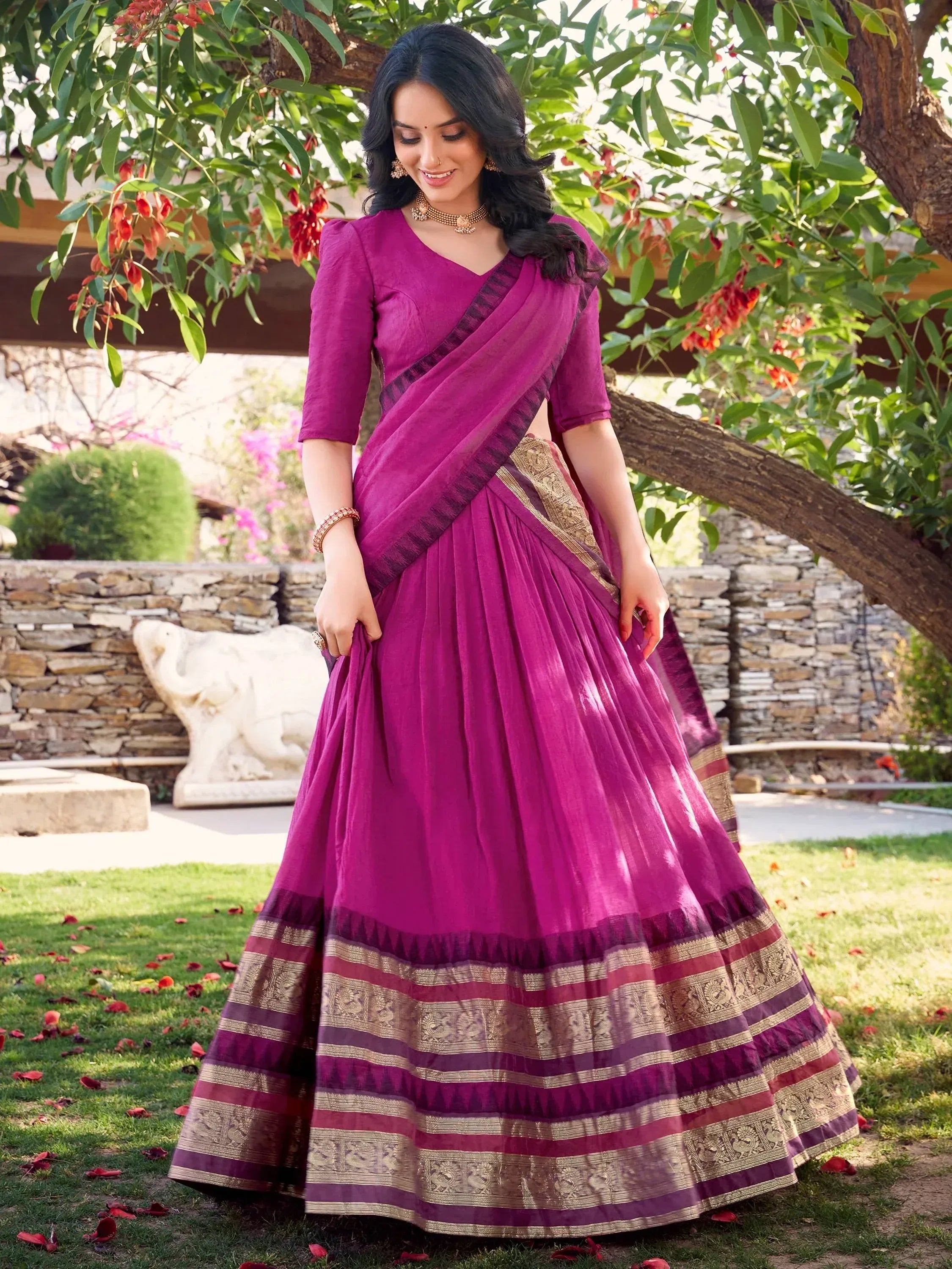 Purple designer lehenga choli with gold border, perfect for Indian ethnic wear occasions