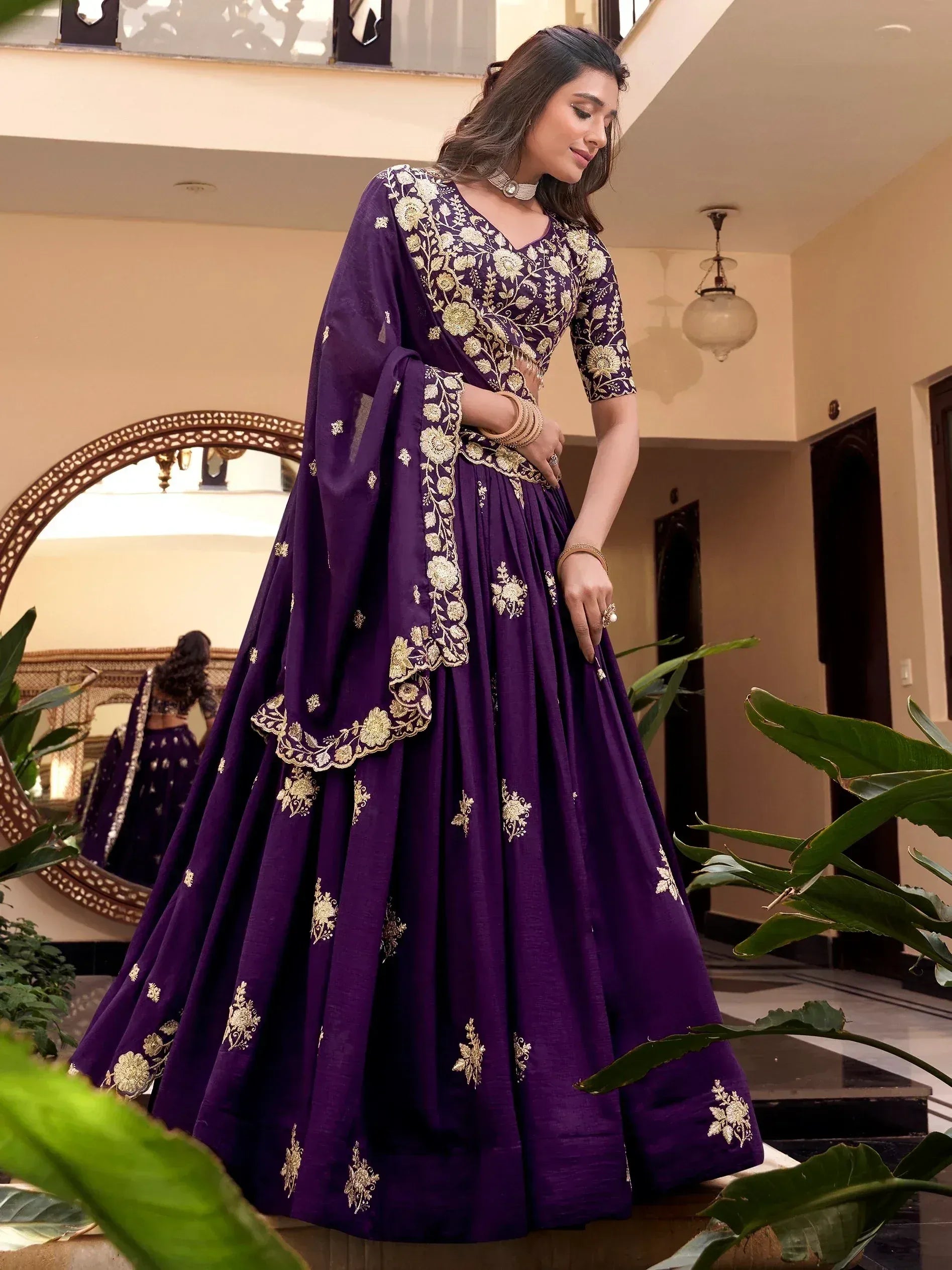 Purple designer lehenga choli with gold floral embroidery, perfect for Indian ethnic wear occasions