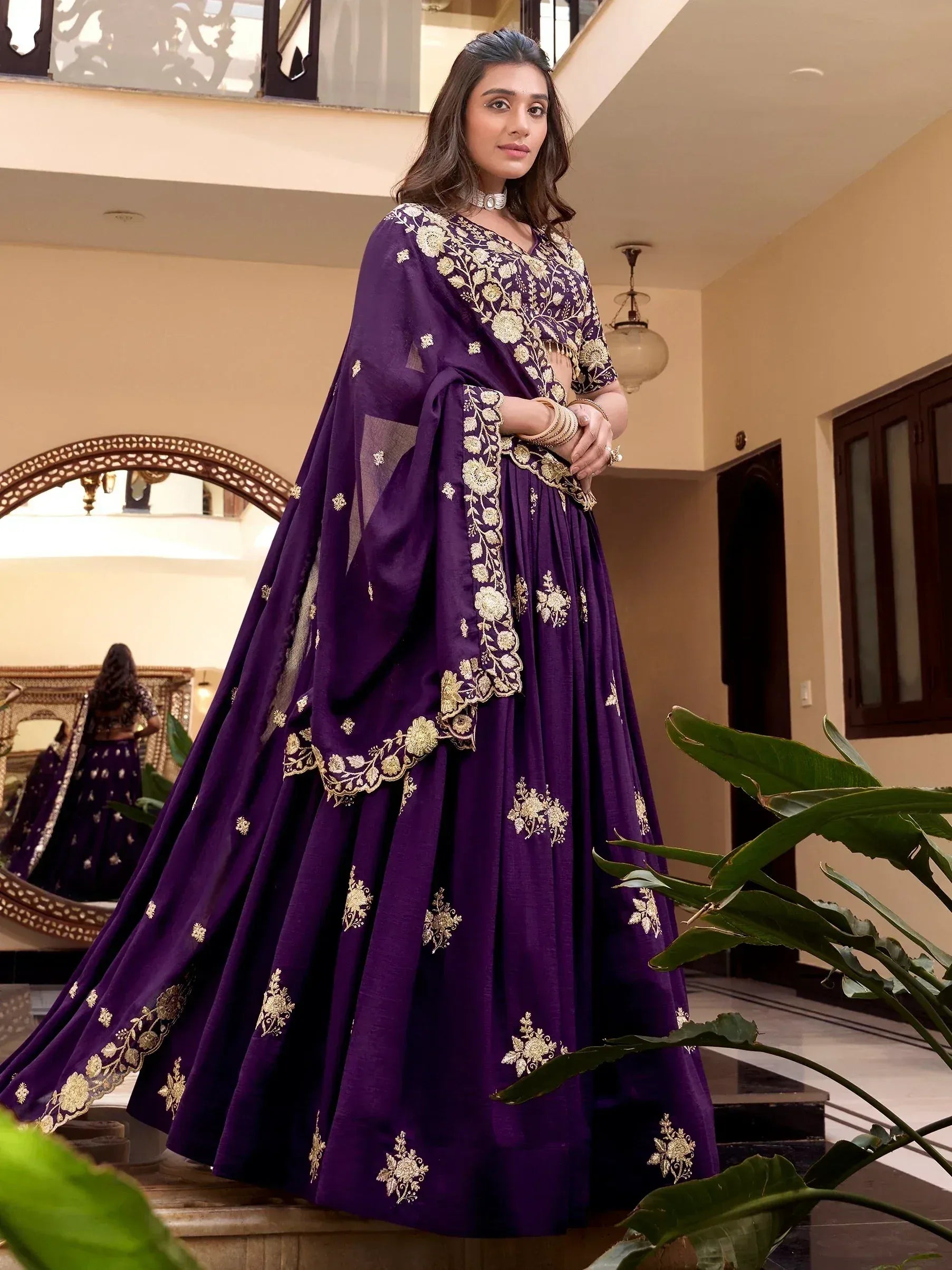 Purple designer lehenga choli with gold floral embroidery, perfect for Indian ethnic wear occasions