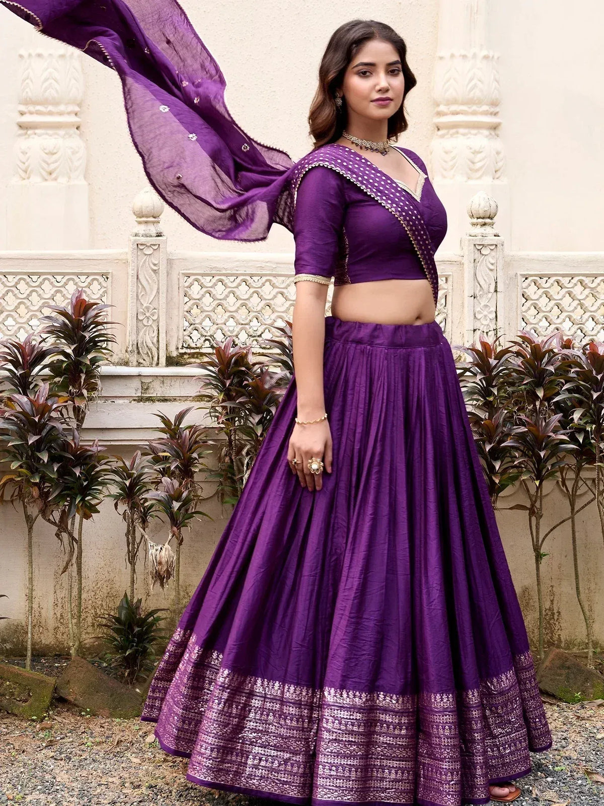 Purple designer lehenga choli with embroidered dupatta, perfect for Indian ethnic occasions