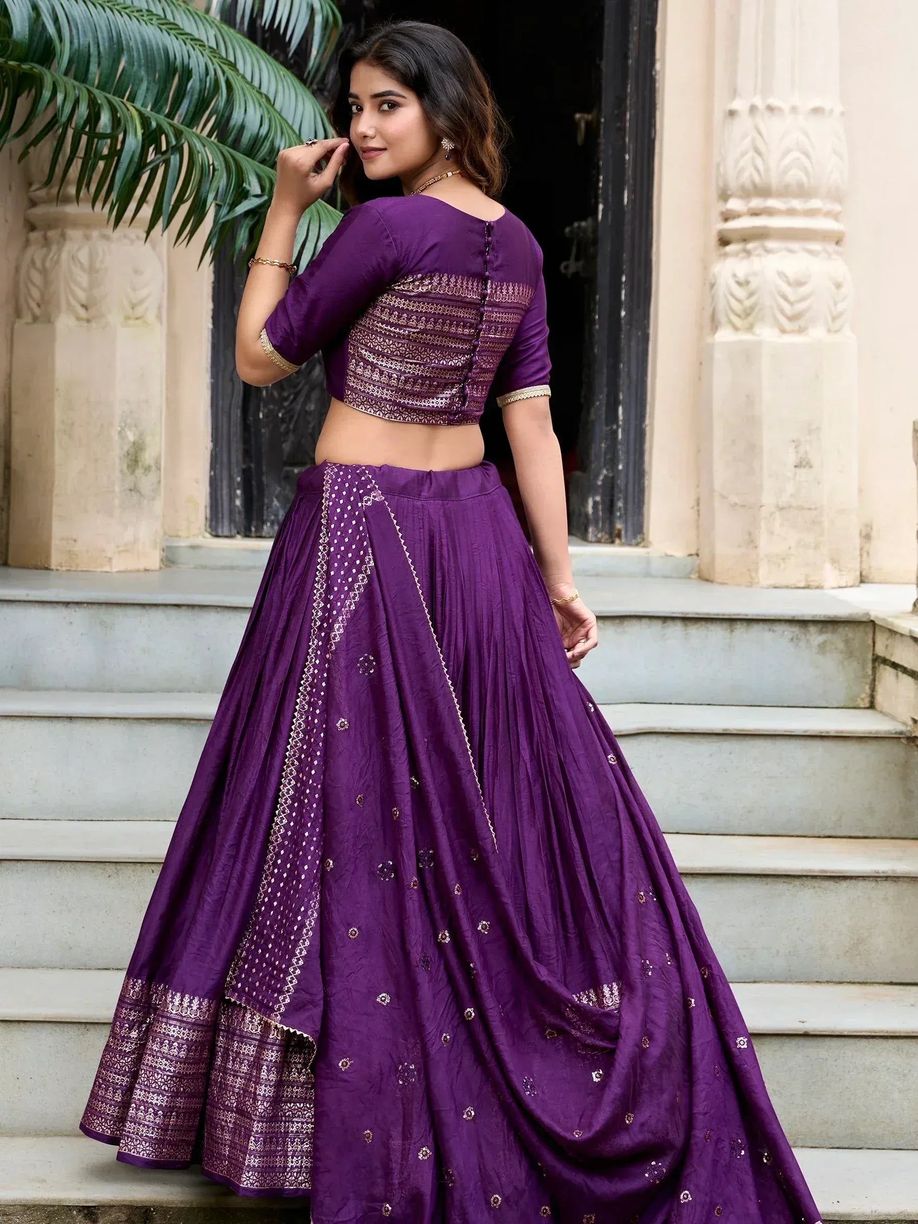 Purple designer lehenga choli with gold embroidery, perfect for Indian ethnic wear occasions