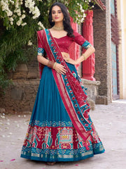 Glorious Teal Blue Patola Printed Tussar Silk Festive Wear Lehenga Choli - Ethnic Plus In