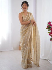 Gorgeous Beige Organza Beads Work Saree With Blouse - Ethnic Plus In