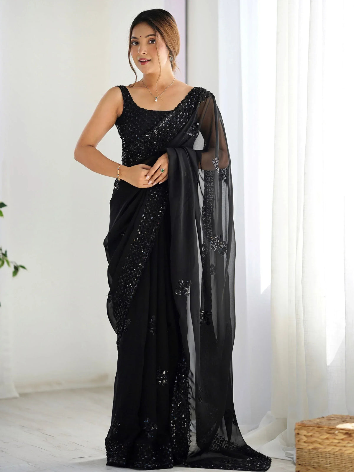 Black sequin saree with sheer cape, elegant Indian ethnic wear for parties