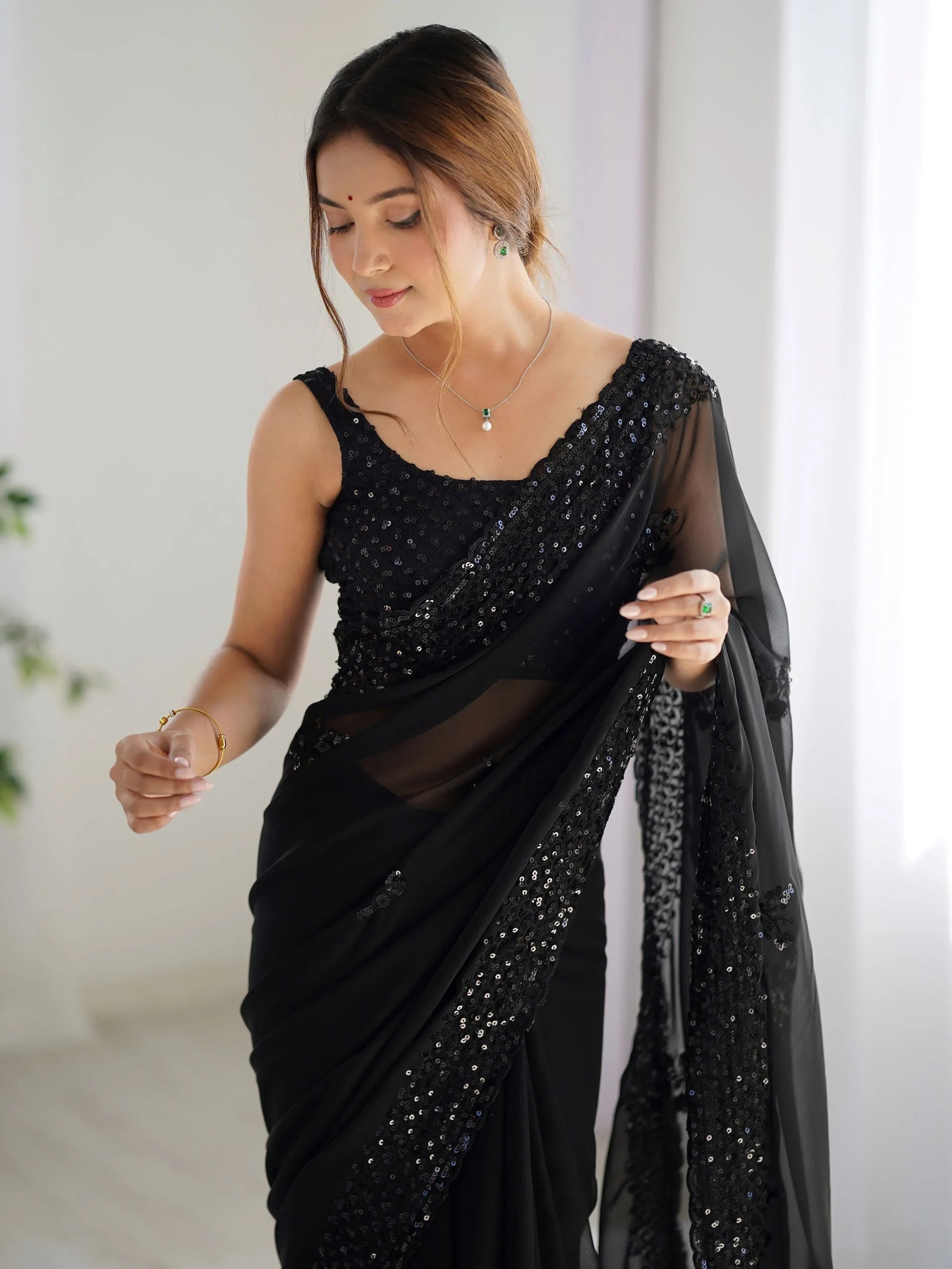 Gorgeous Black Georgette Embroidered Reception Wear Saree - Ethnic Plus In