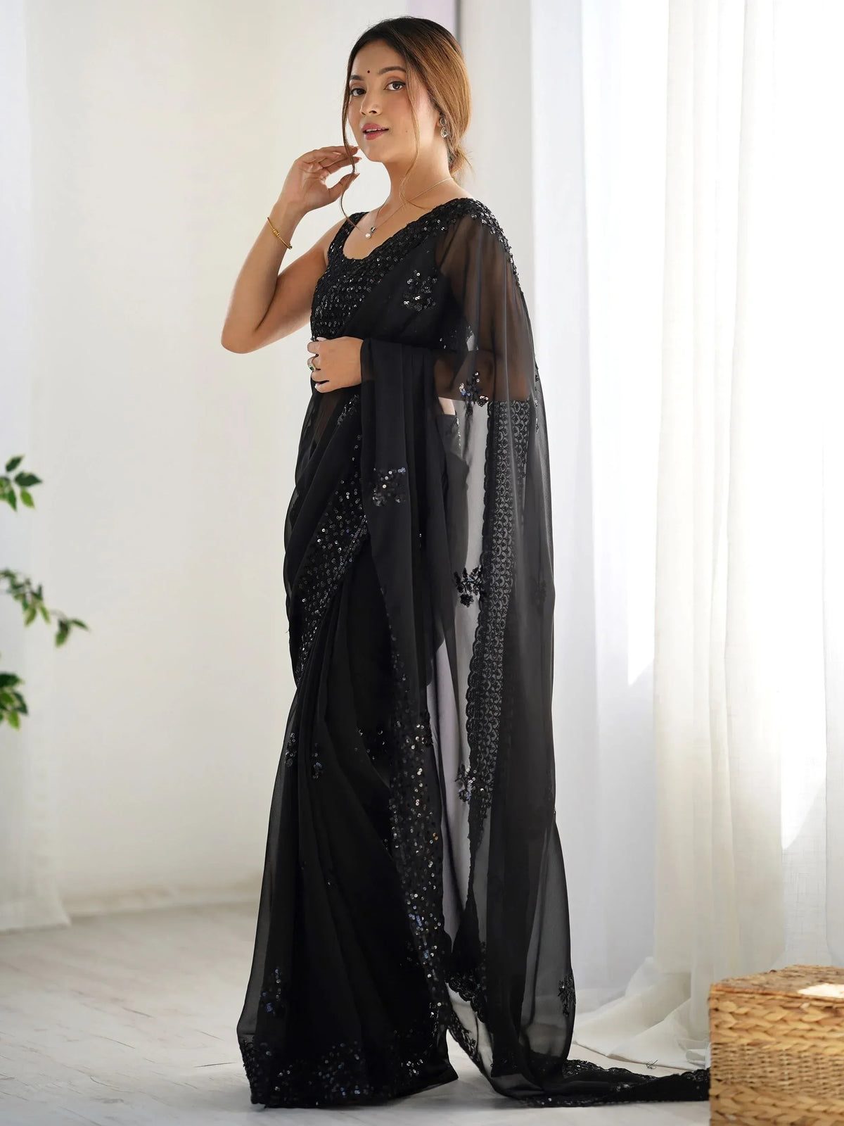 Black sequin saree with sheer cape, elegant Indian ethnic wear for women