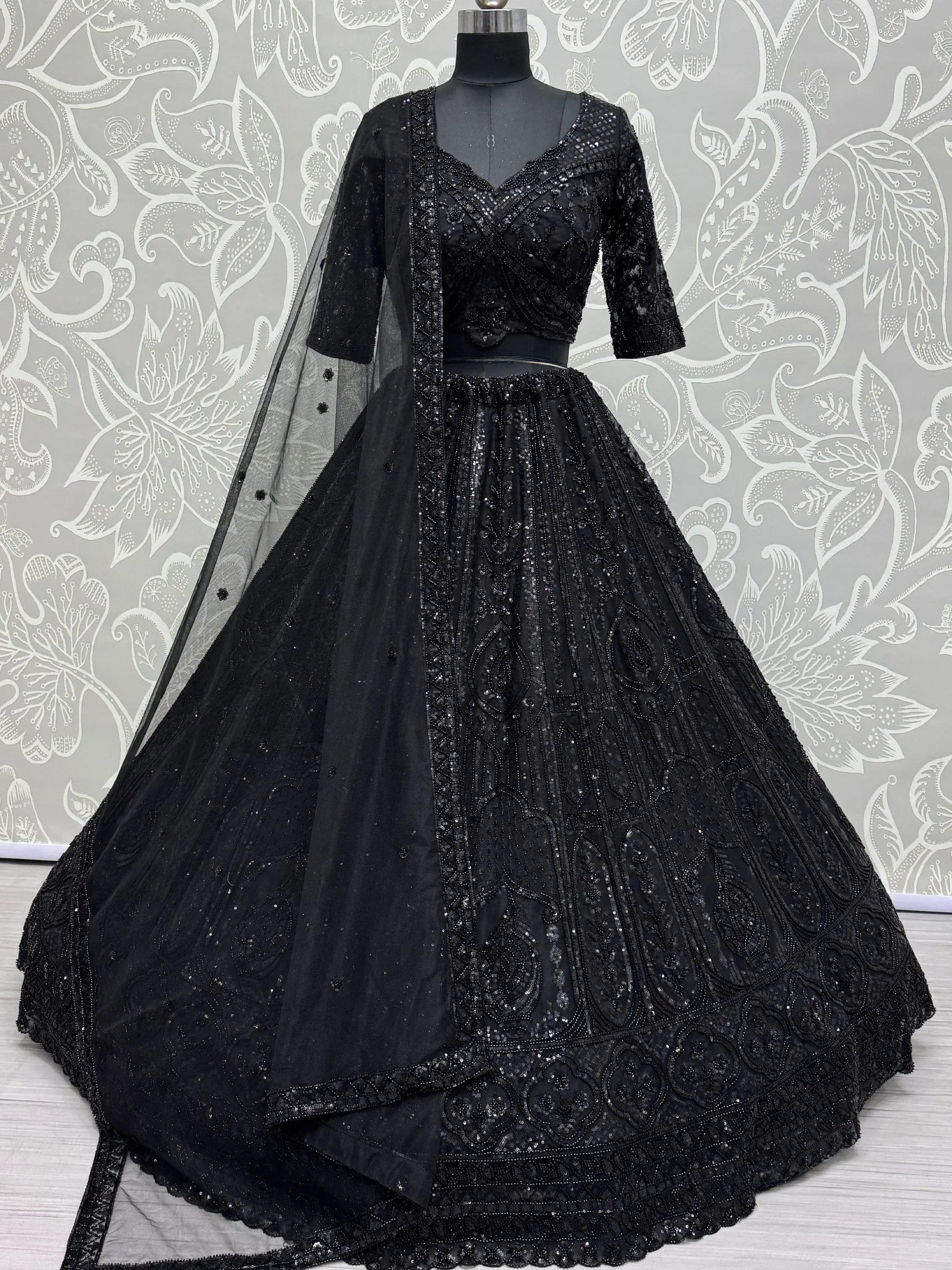 Black embroidered lehenga choli with sheer dupatta, Indian ethnic wear for weddings and parties