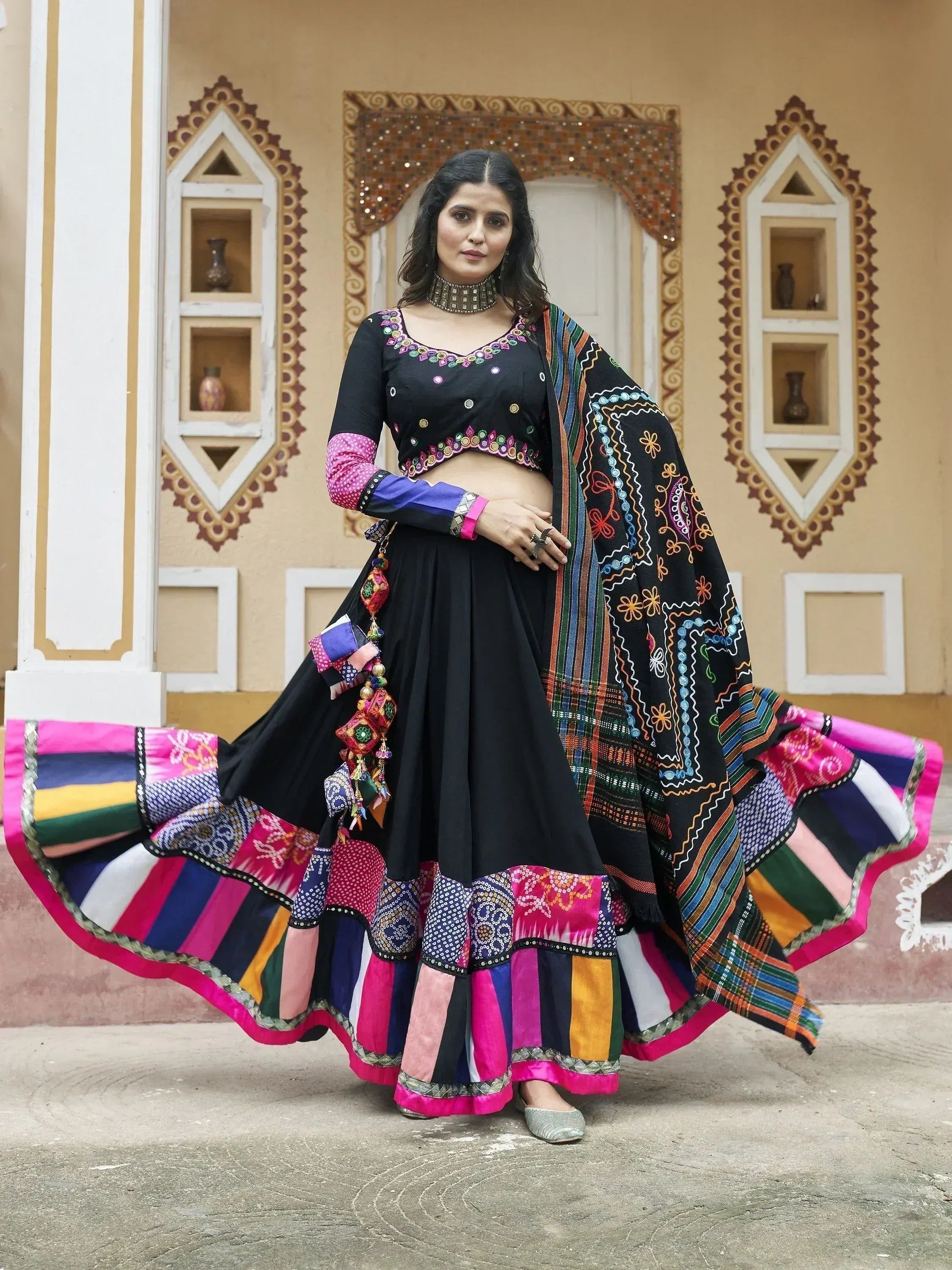Black embroidered lehenga choli with colorful patchwork skirt and dupatta, Indian ethnic wear