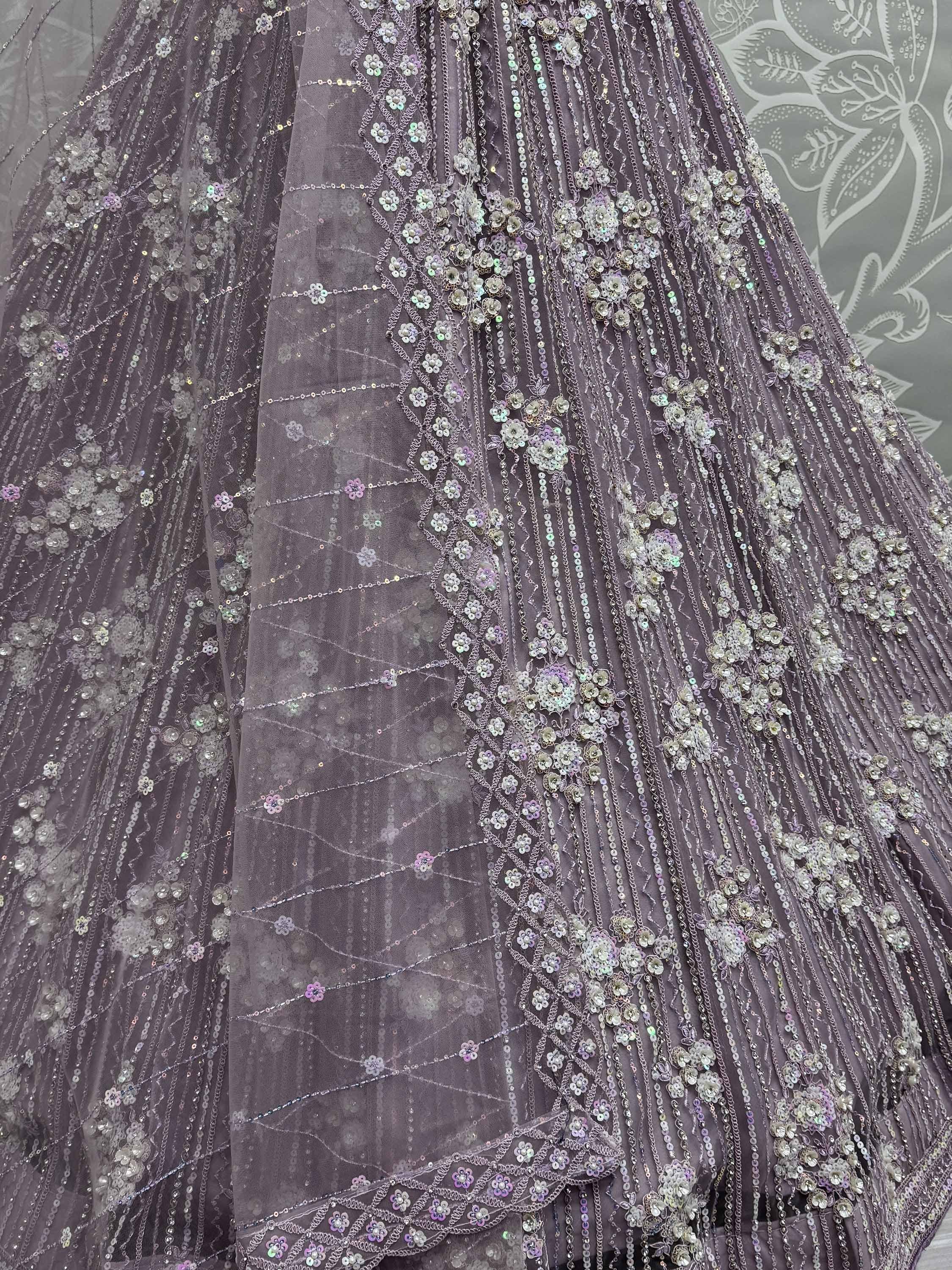 Elegant grey lehenga with intricate floral sequin and bead embroidery, perfect for Indian ethnic wear.