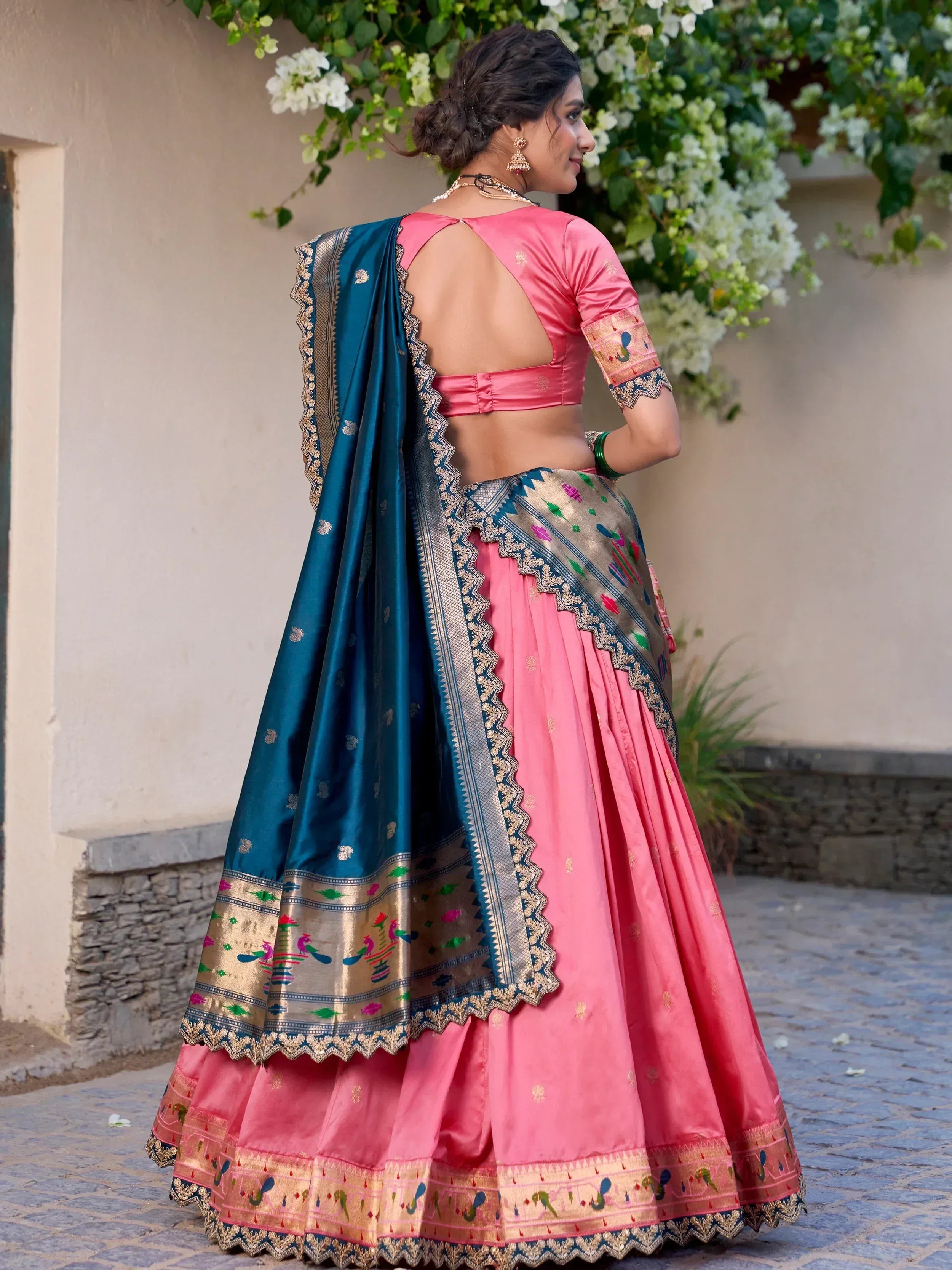 Pink and teal designer lehenga choli with embroidered dupatta, ethnic Indian wear for weddings