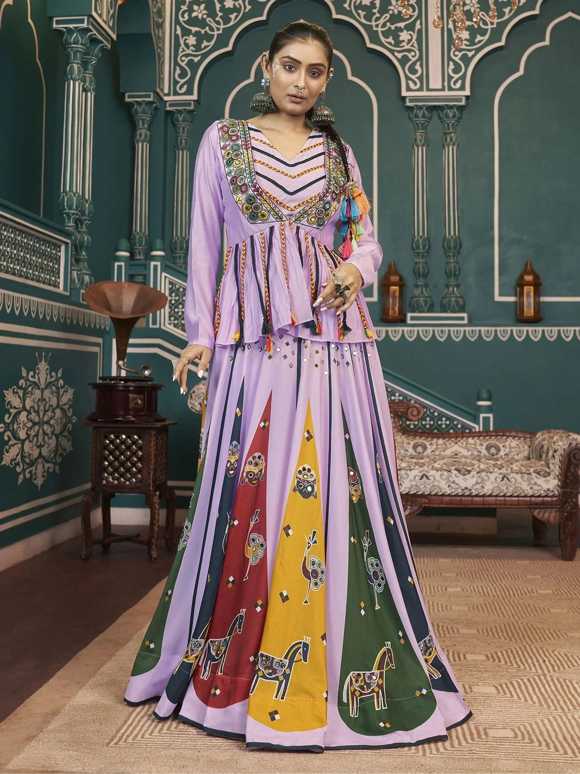 Purple ethnic gown with colorful horse prints and embroidered neckline, perfect for festive occasions.