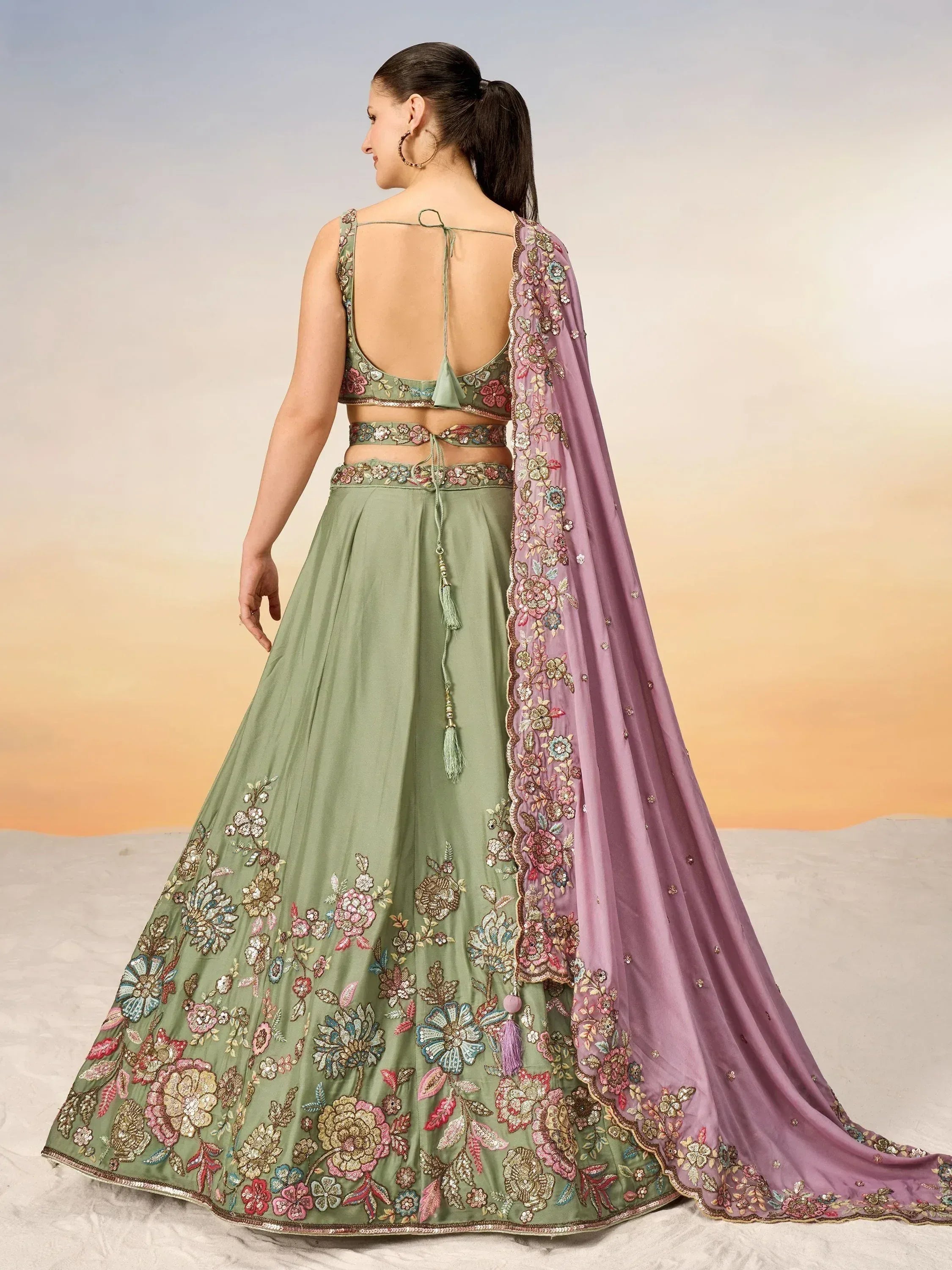 Green floral embroidered lehenga choli with purple dupatta, back view, Indian ethnic wear