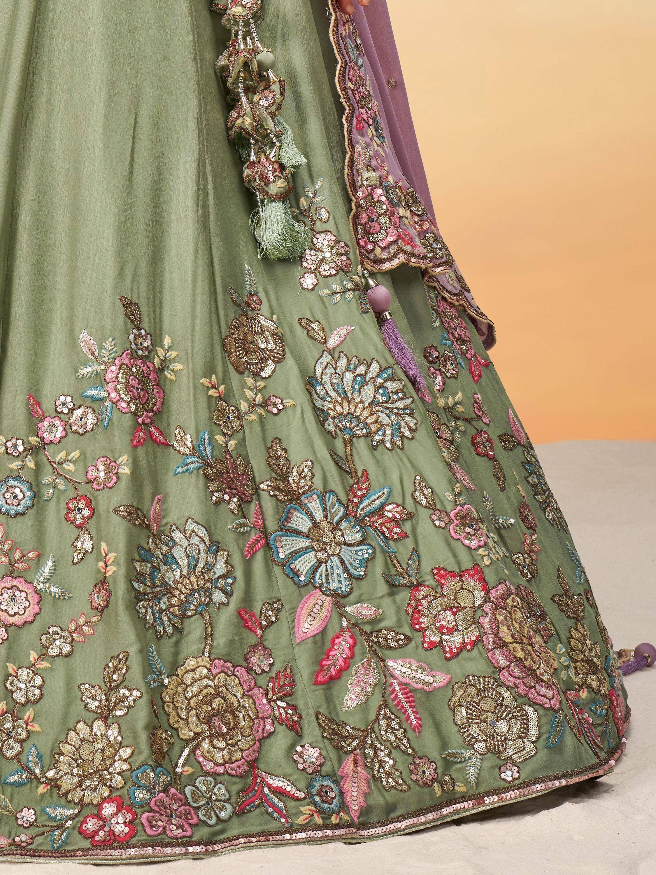 Olive green lehenga with floral embroidery and sequins, perfect for Indian ethnic wear