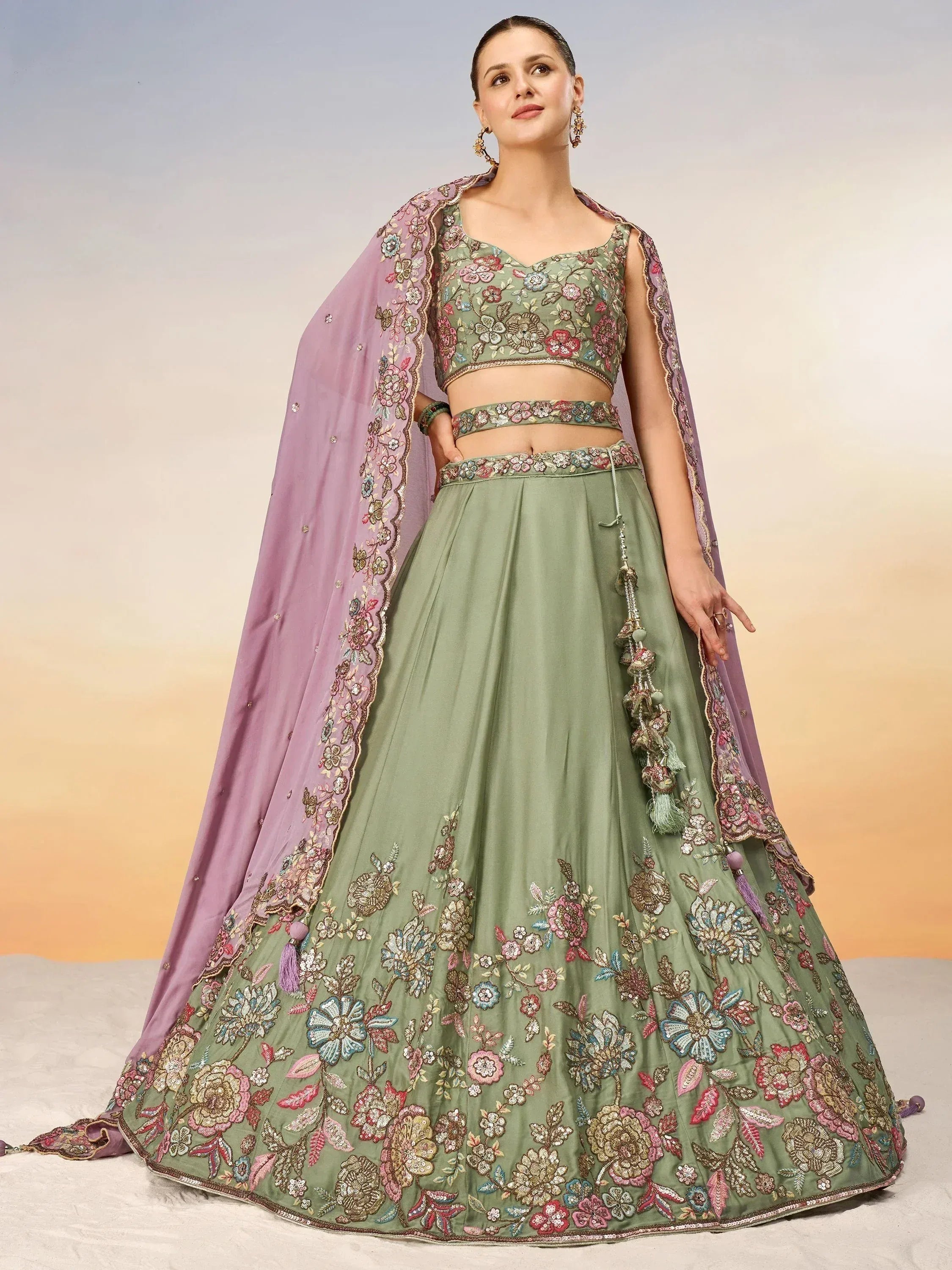 Olive green floral embroidered lehenga choli with purple dupatta, Indian ethnic wear for women