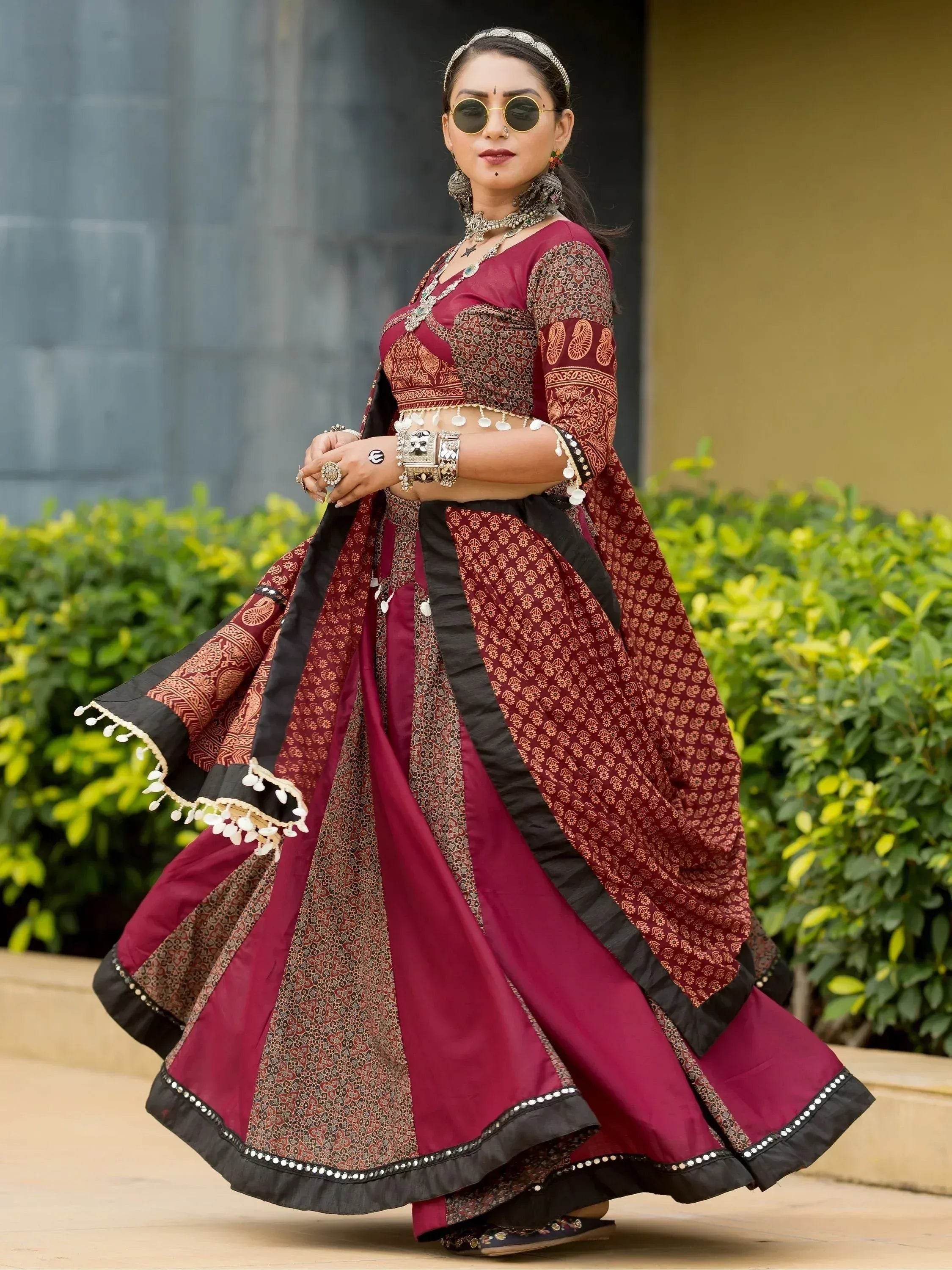 Maroon and black printed lehenga choli with mirror work, traditional Indian ethnic wear for women