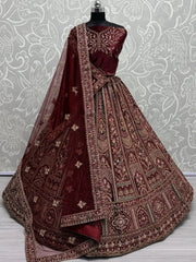 Gorgeous Maroon Thread Work Velvet Lehenga Choli With Double Dupatta - Ethnic Plus In